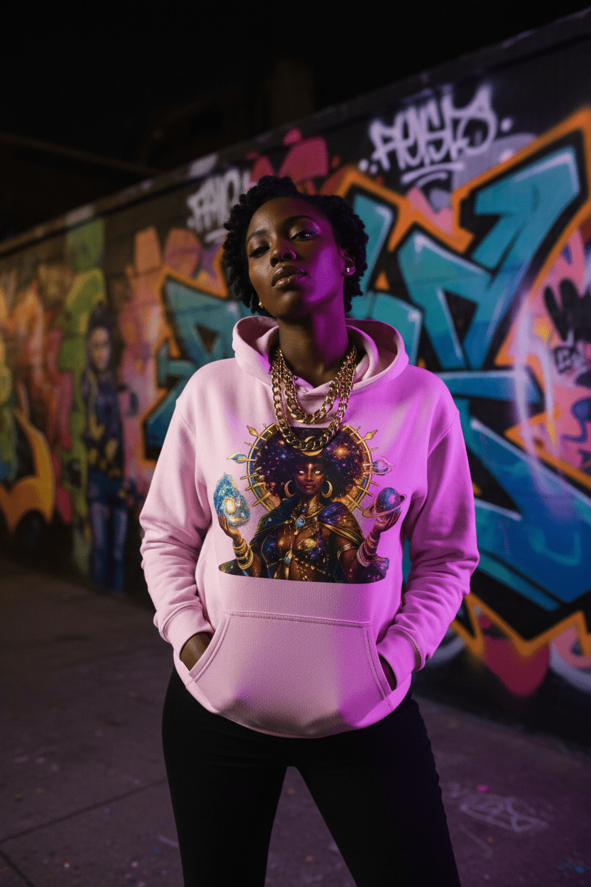 Solar Goddess Pink Hoodie Graffiti Wall Lifestyle