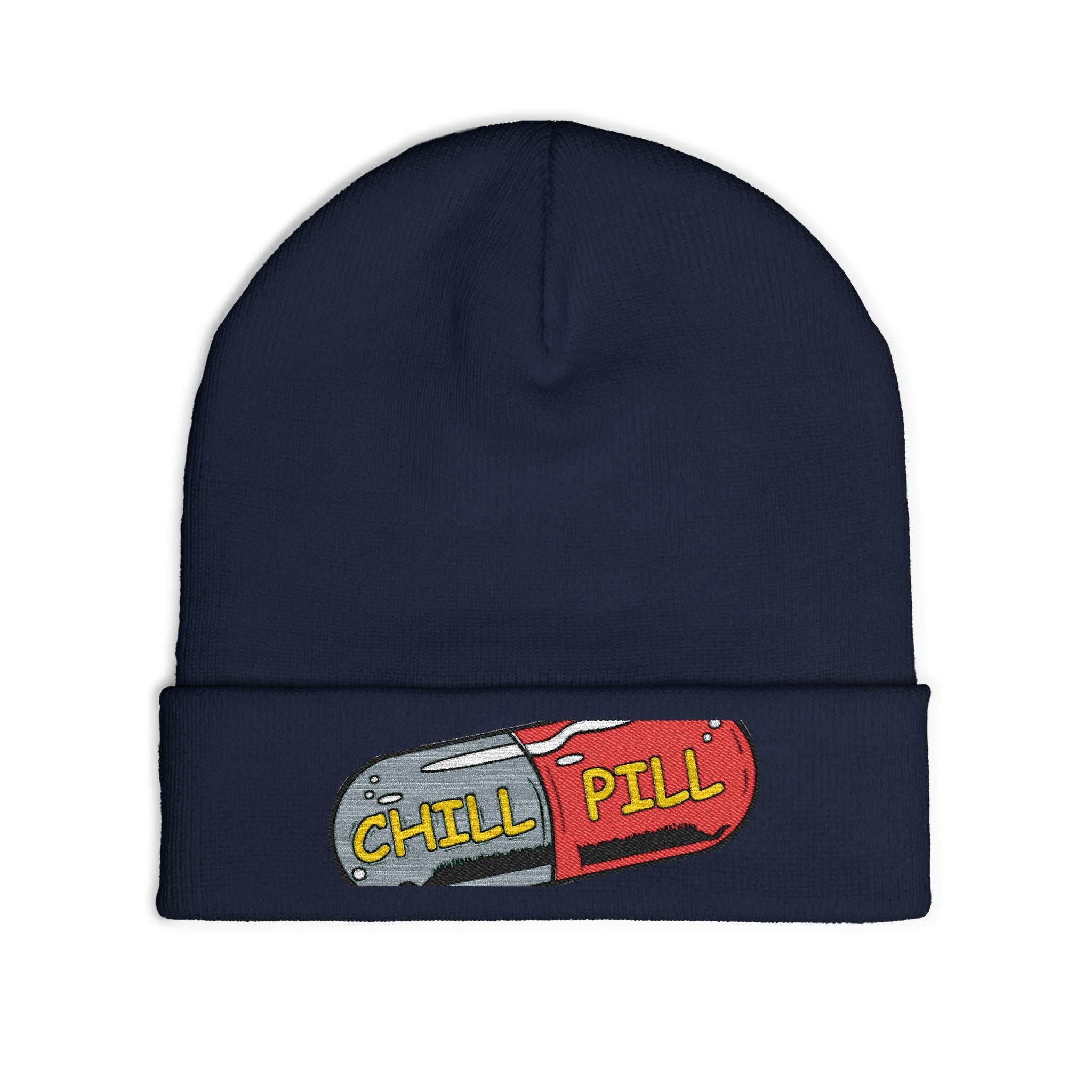 Chill Pill Embroidered Knit Beanie — Relaxed Vibe Winter Hat Printify