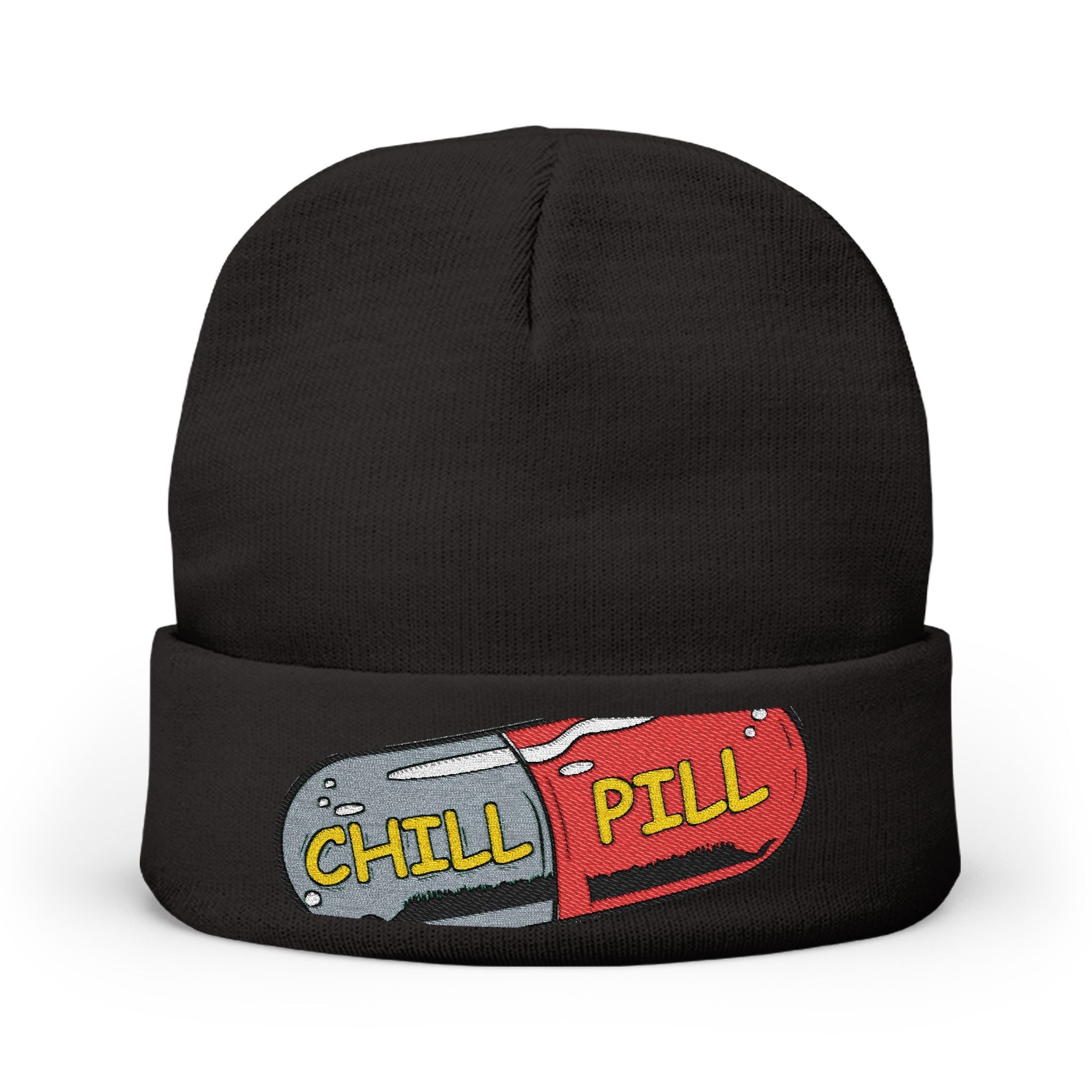 Chill Pill Embroidered Knit Beanie — Relaxed Vibe Winter Hat Printify