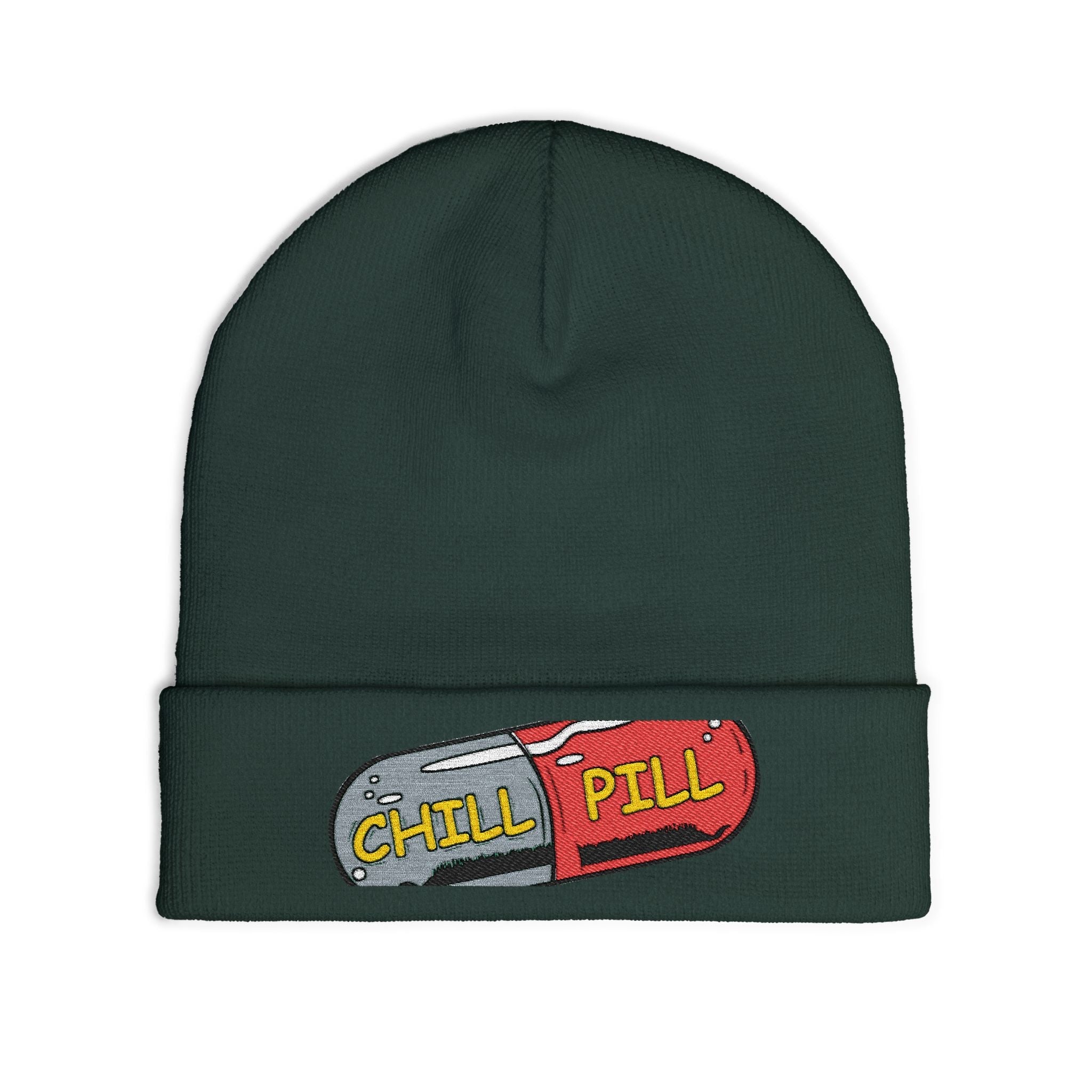 Chill Pill Embroidered Knit Beanie — Relaxed Vibe Winter Hat Printify