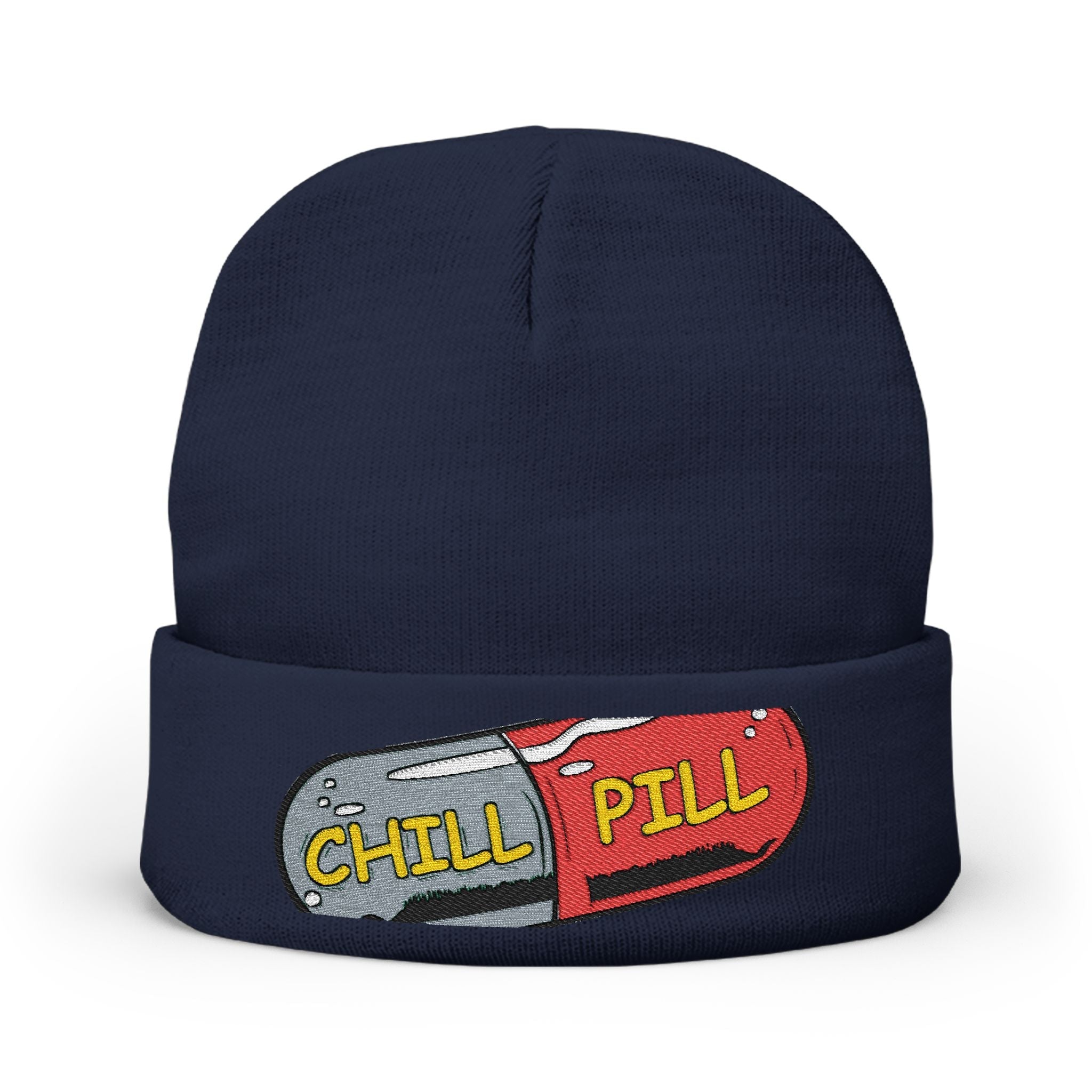Chill Pill Embroidered Knit Beanie — Relaxed Vibe Winter Hat Printify