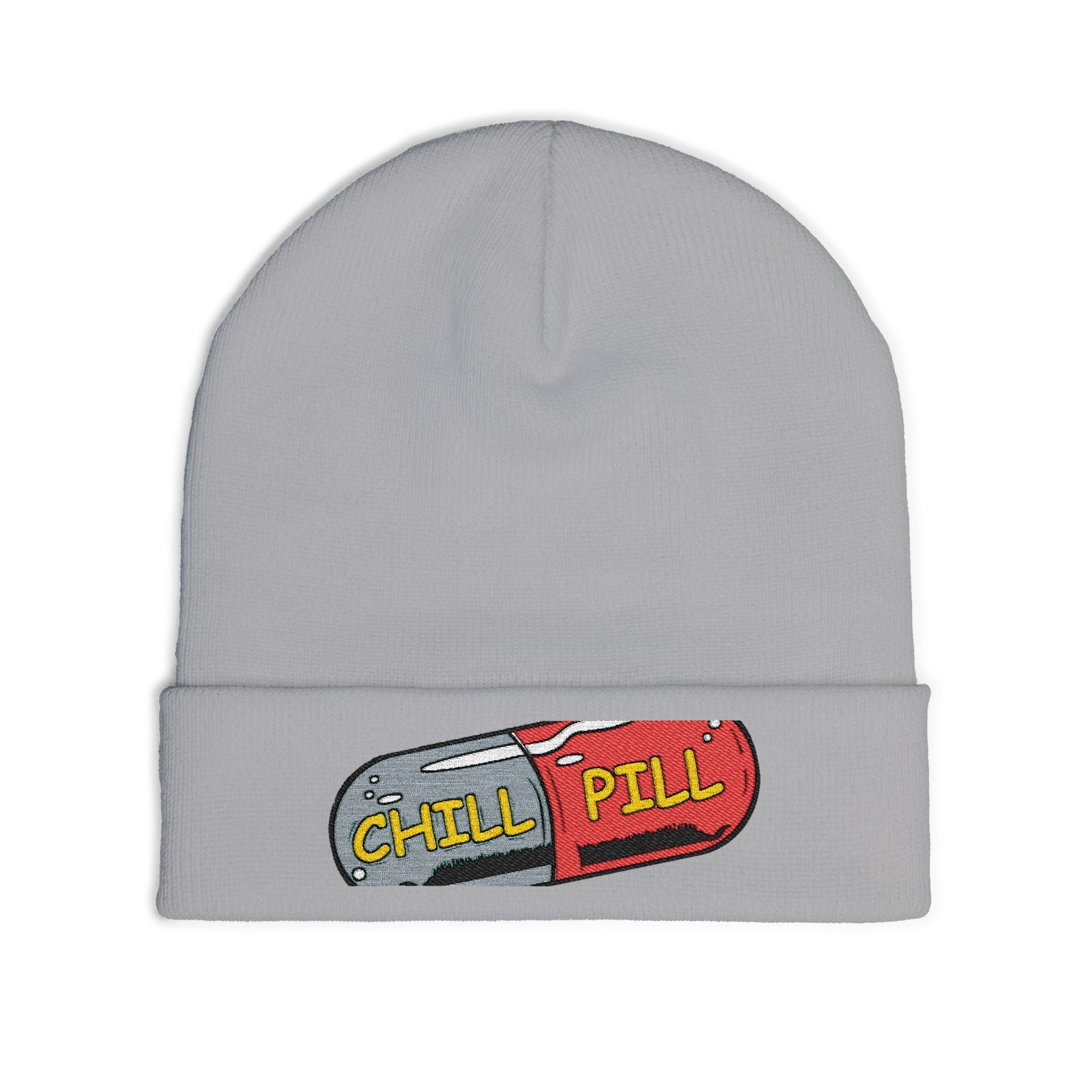 Chill Pill Embroidered Knit Beanie — Relaxed Vibe Winter Hat Printify
