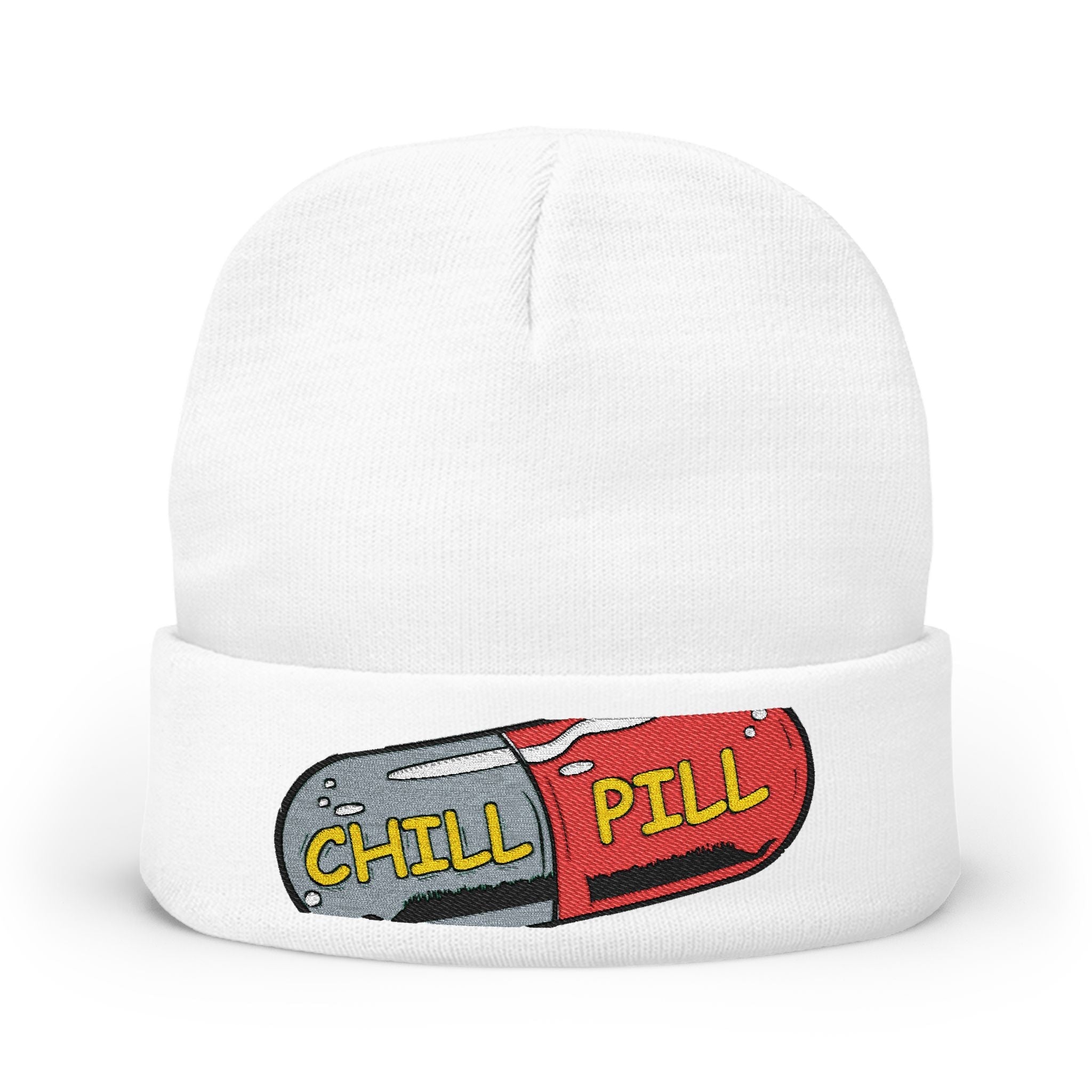 Chill Pill Embroidered Knit Beanie — Relaxed Vibe Winter Hat Printify