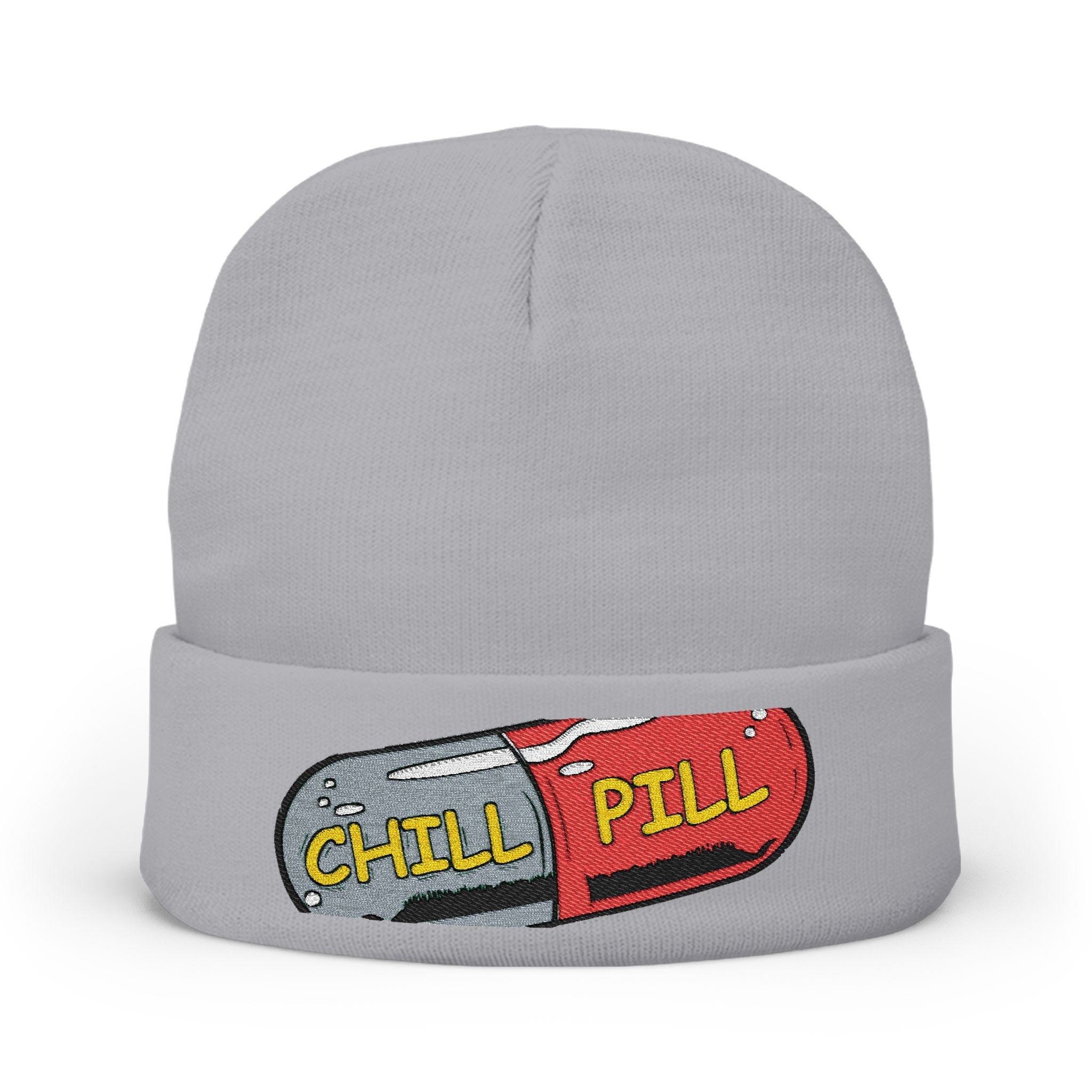 Chill Pill Embroidered Knit Beanie — Relaxed Vibe Winter Hat Printify