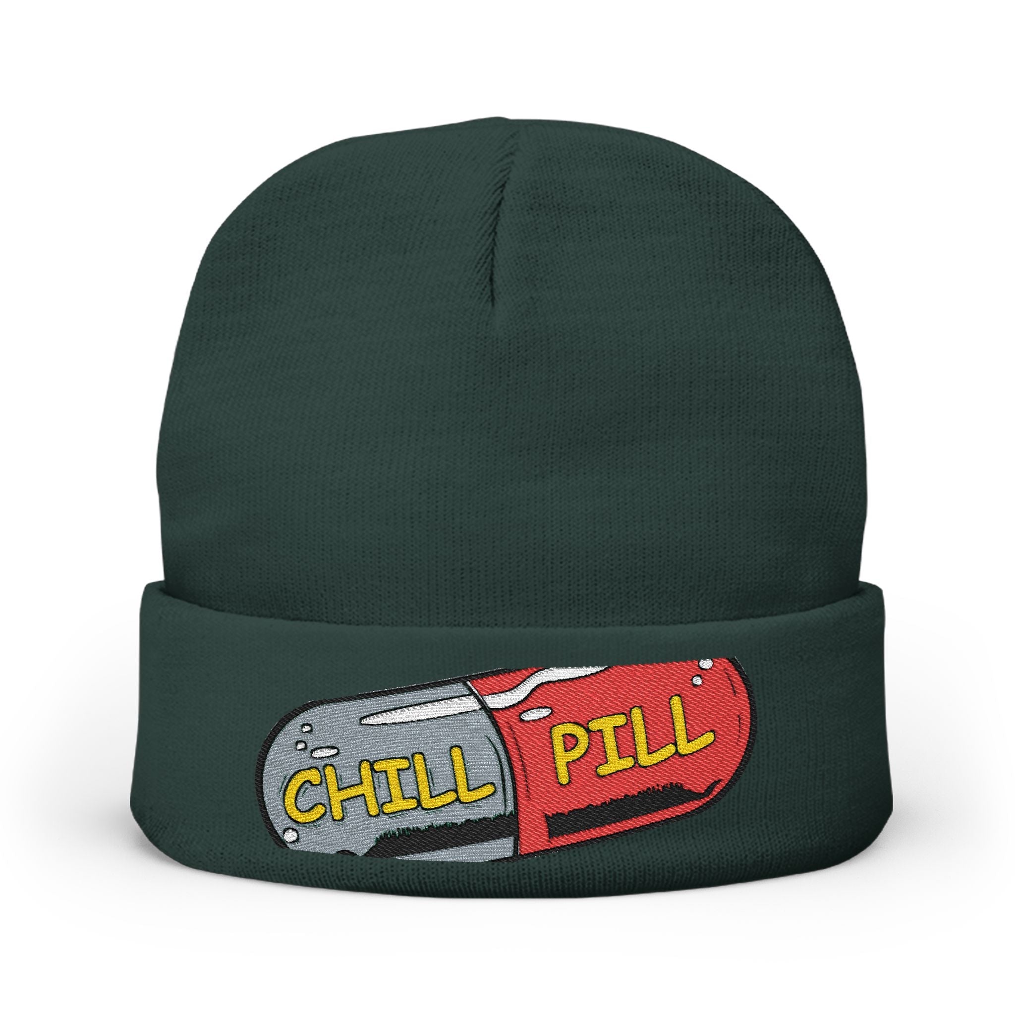 Chill Pill Embroidered Knit Beanie — Relaxed Vibe Winter Hat Printify