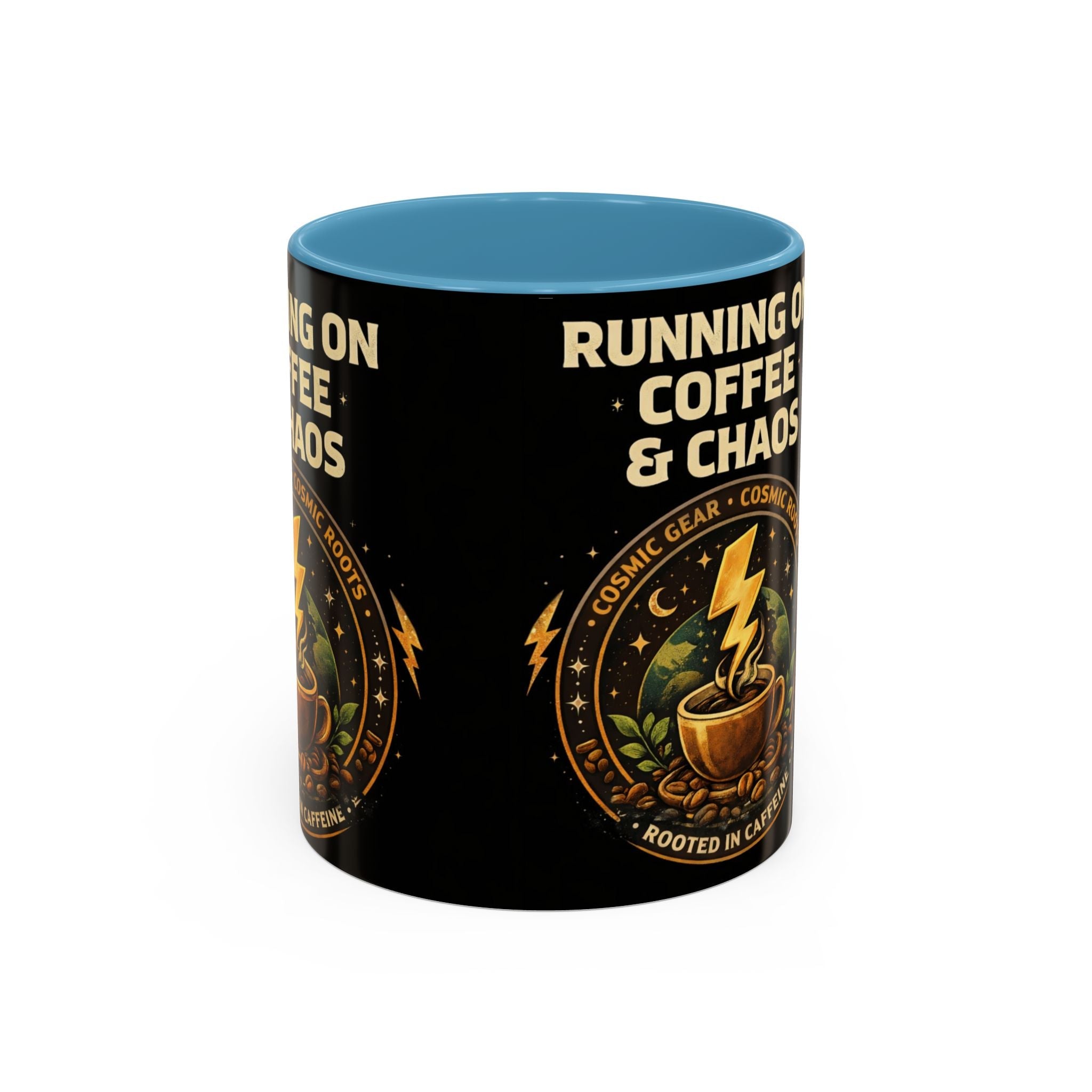 Coffee Mug — "Running on Coffee & Chaos" Black Accent Ceramic Mug (11/15oz) Printify