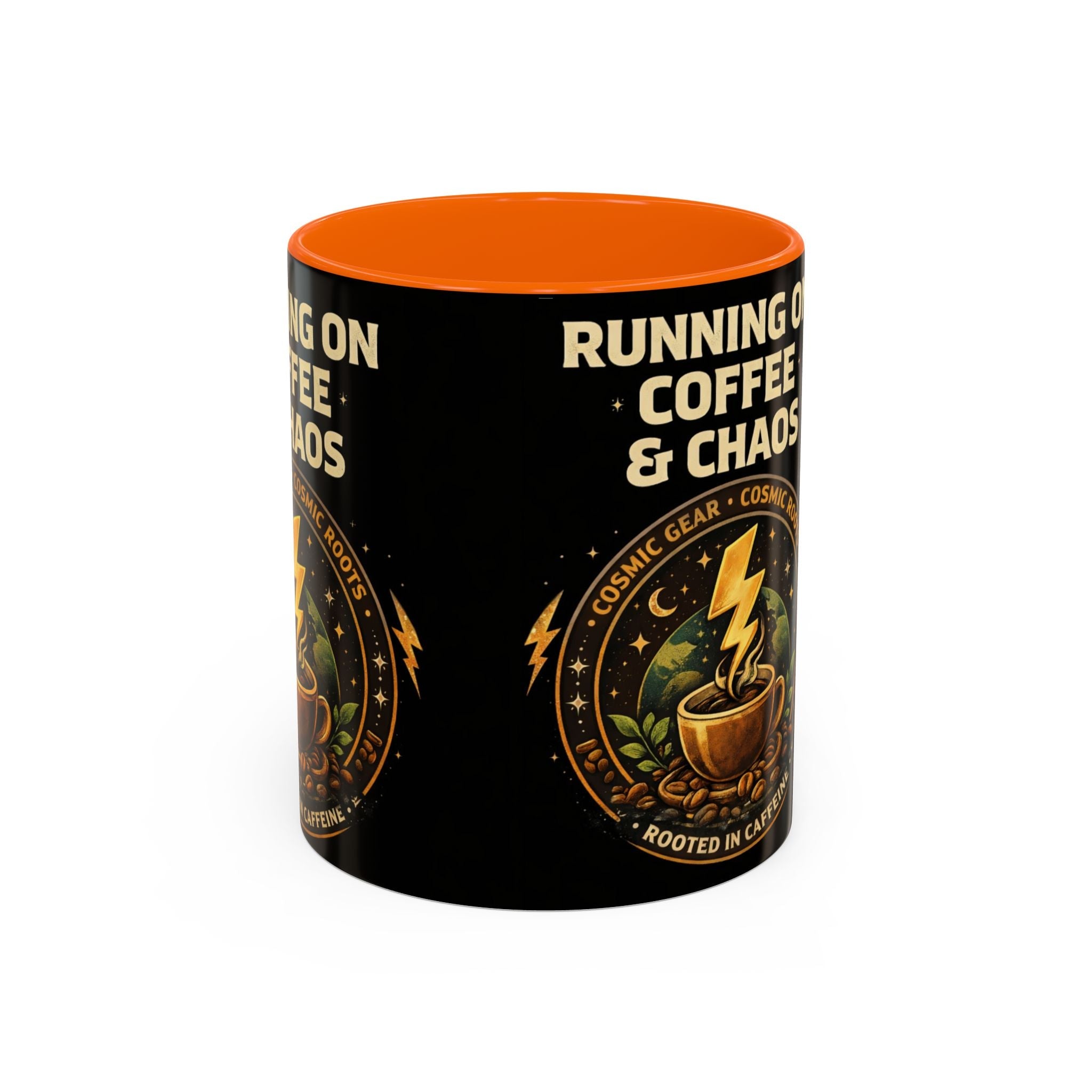 Coffee Mug — "Running on Coffee & Chaos" Black Accent Ceramic Mug (11/15oz) Printify