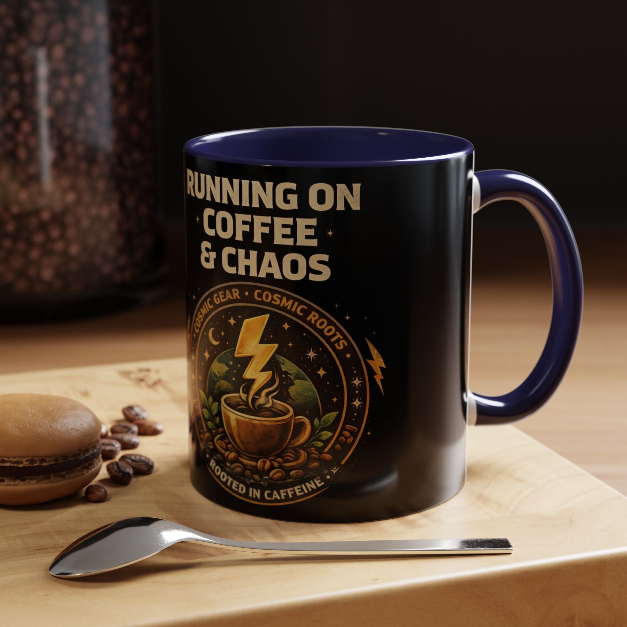 Coffee Mug — "Running on Coffee & Chaos" Black Accent Ceramic Mug (11/15oz) Printify