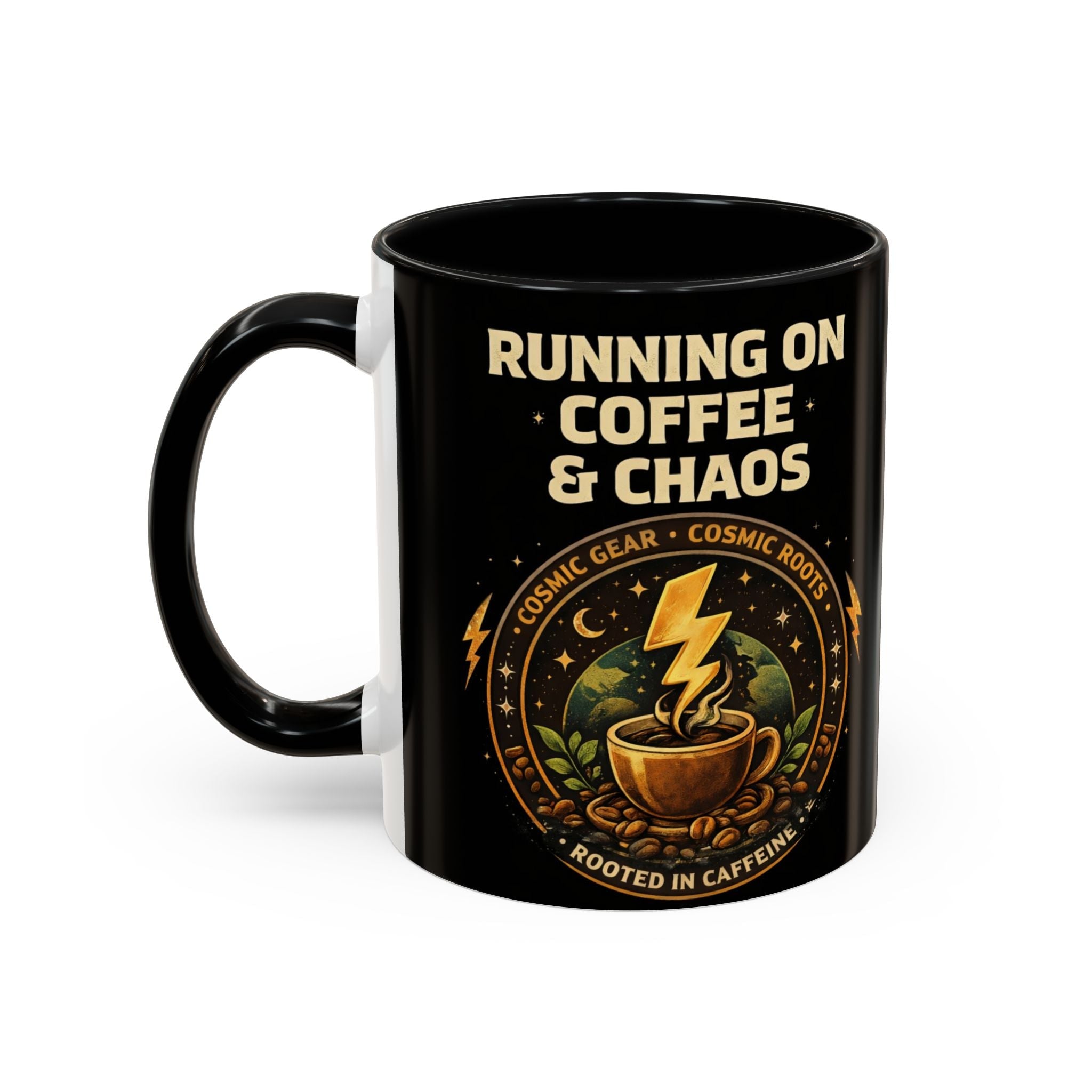 Coffee Mug — "Running on Coffee & Chaos" Black Accent Ceramic Mug (11/15oz) Printify