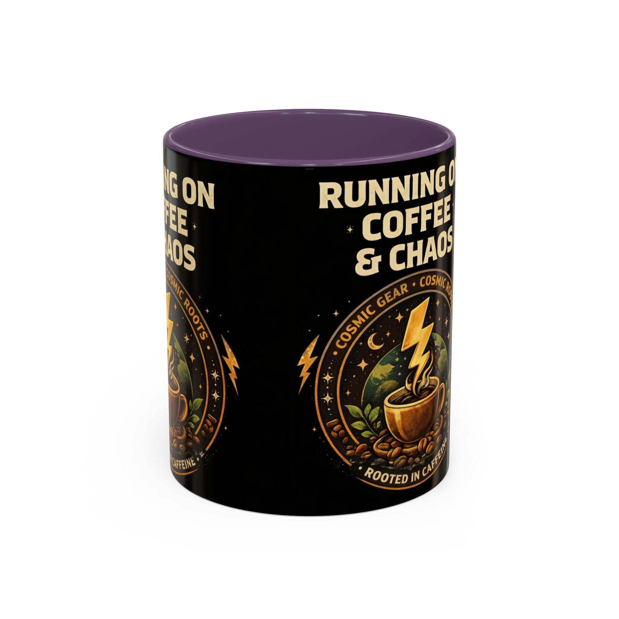 Coffee Mug — "Running on Coffee & Chaos" Black Accent Ceramic Mug (11/15oz) Printify