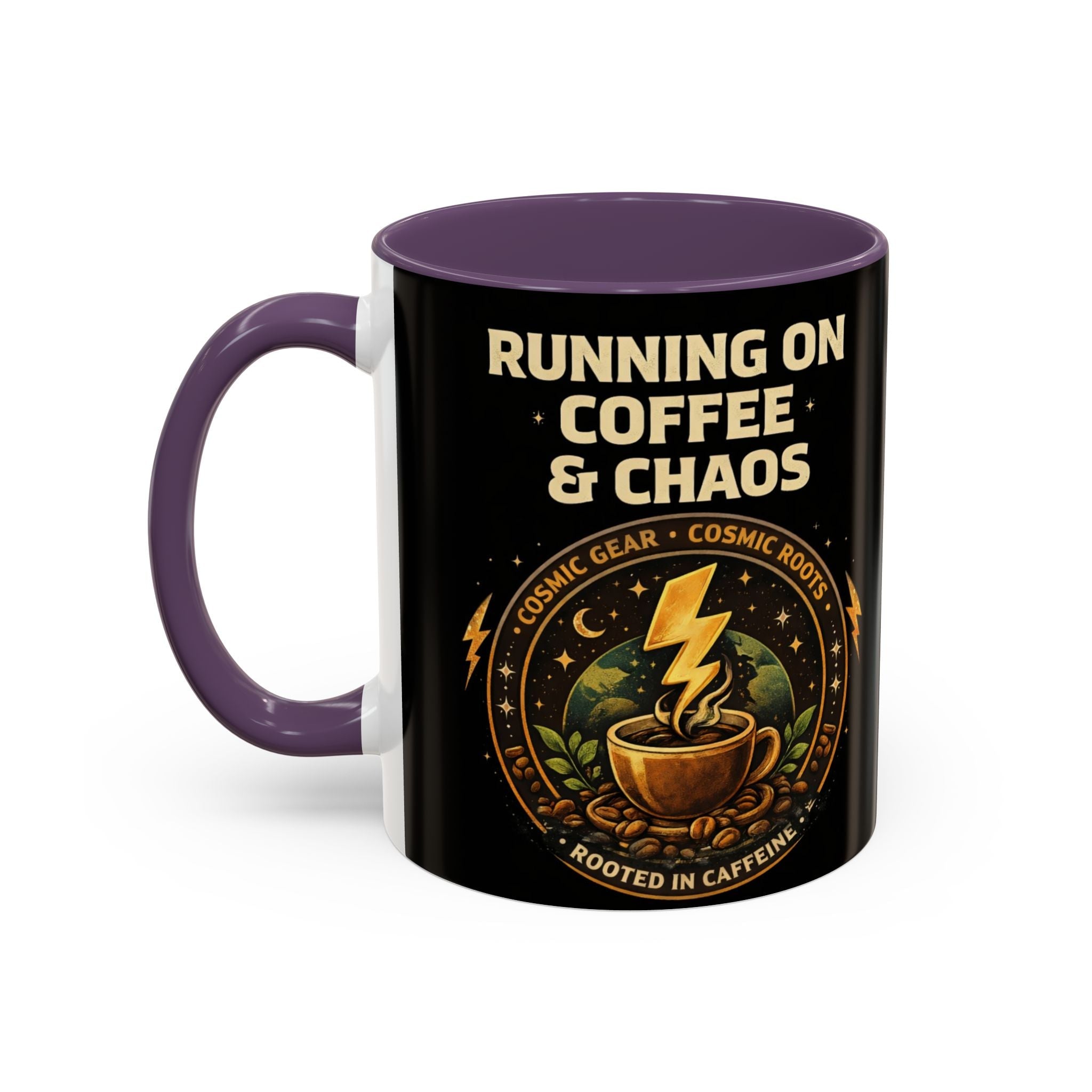 Coffee Mug — "Running on Coffee & Chaos" Black Accent Ceramic Mug (11/15oz) Printify