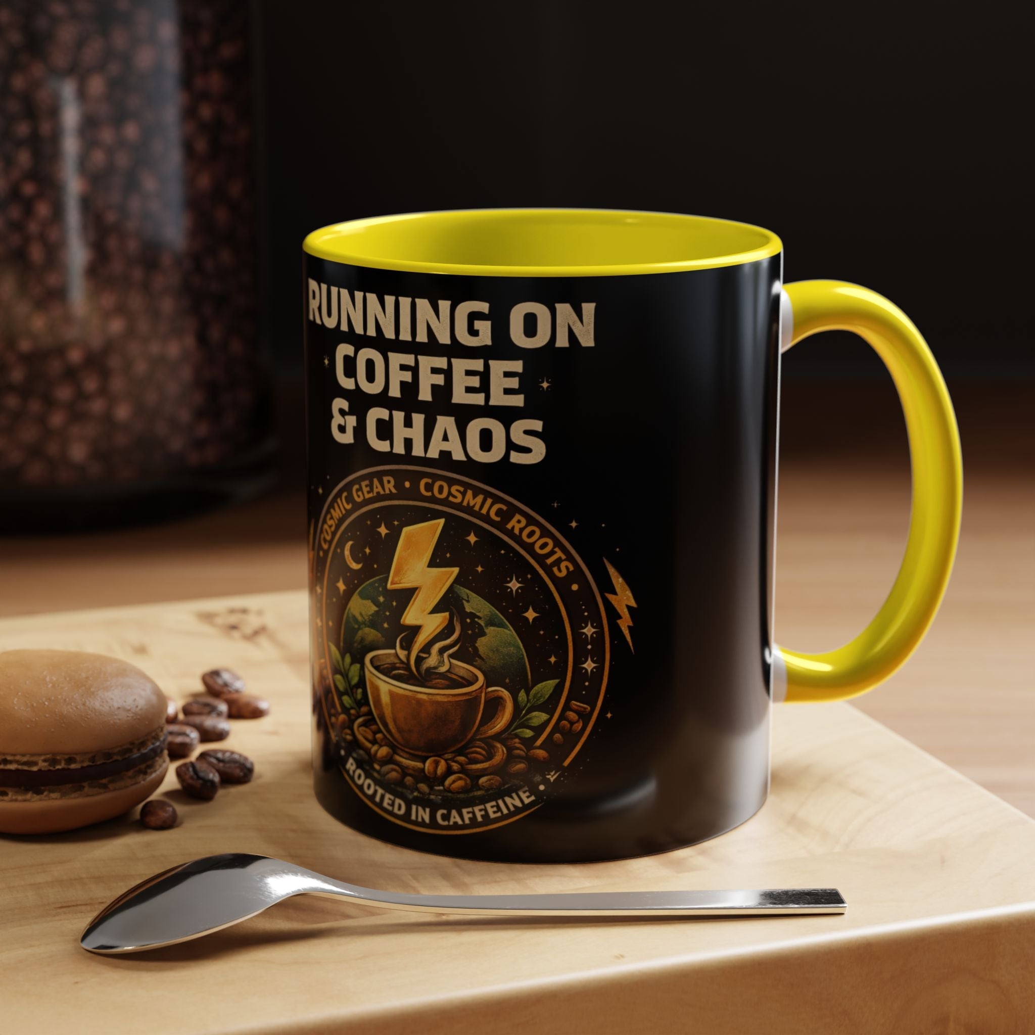 Coffee Mug — "Running on Coffee & Chaos" Black Accent Ceramic Mug (11/15oz) Printify