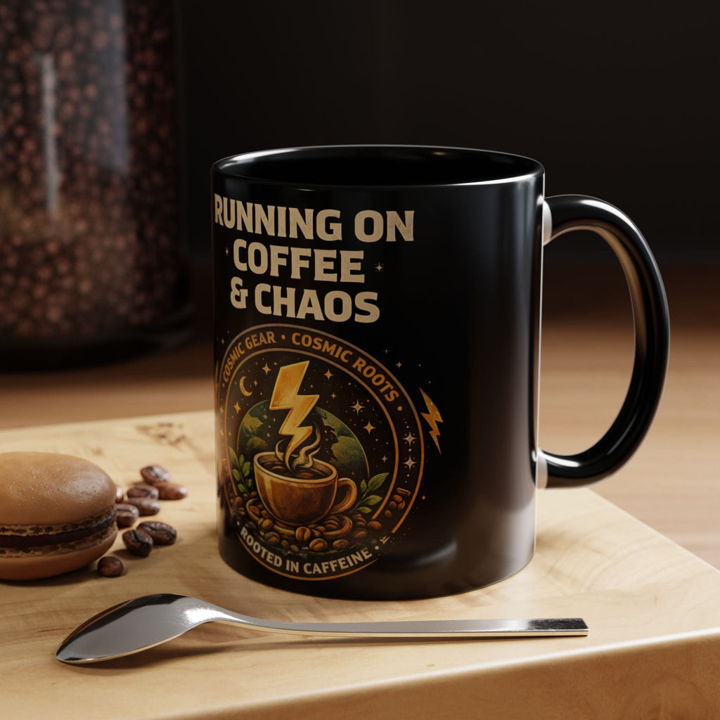 Coffee Mug — "Running on Coffee & Chaos" Black Accent Ceramic Mug (11/15oz) Printify
