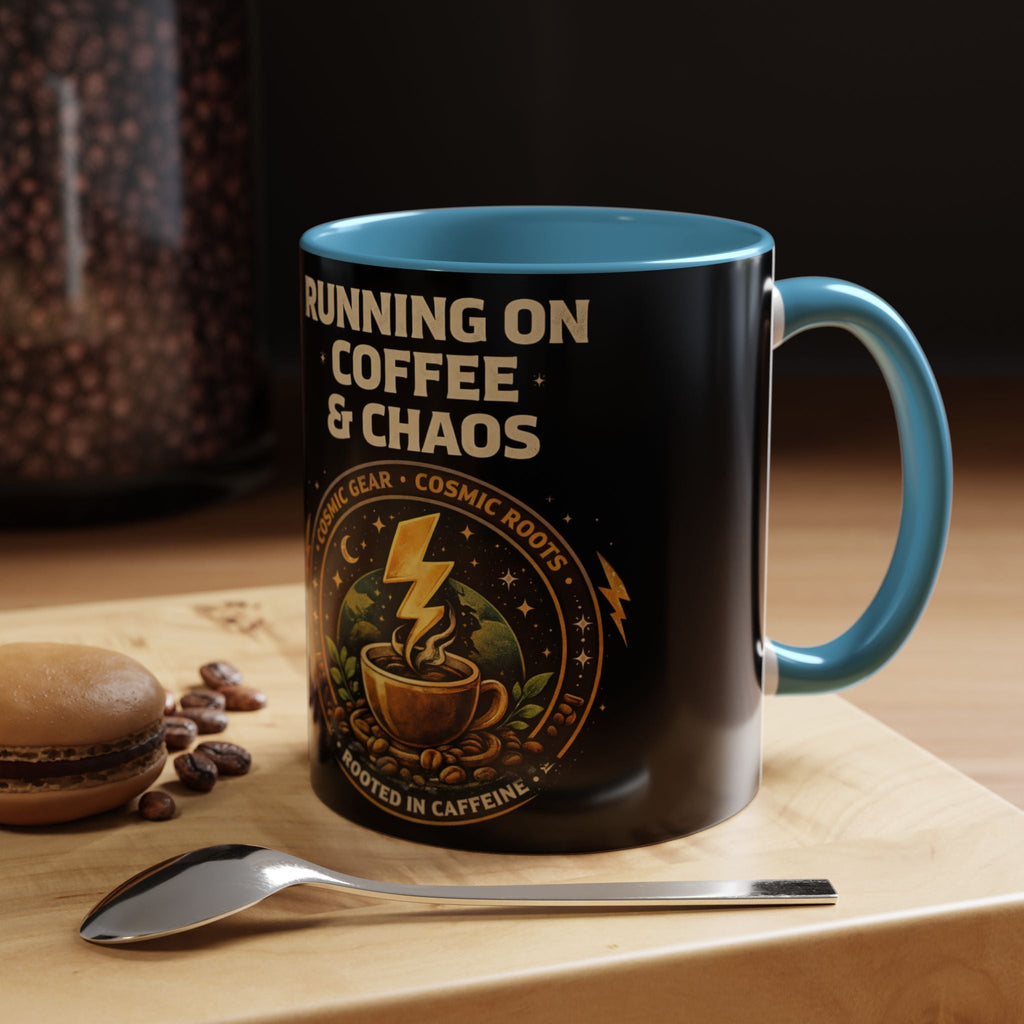 Coffee Mug — "Running on Coffee & Chaos" Black Accent Ceramic Mug (11/15oz) Printify