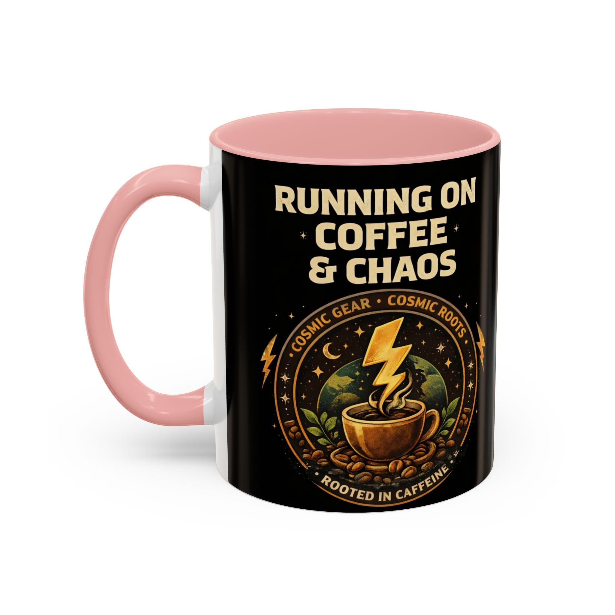 Coffee Mug — "Running on Coffee & Chaos" Black Accent Ceramic Mug (11/15oz) Printify