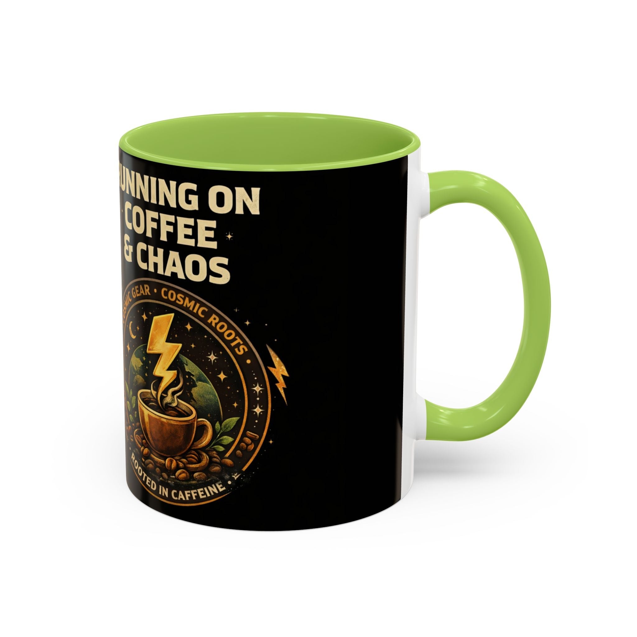 Coffee Mug — "Running on Coffee & Chaos" Black Accent Ceramic Mug (11/15oz) Printify
