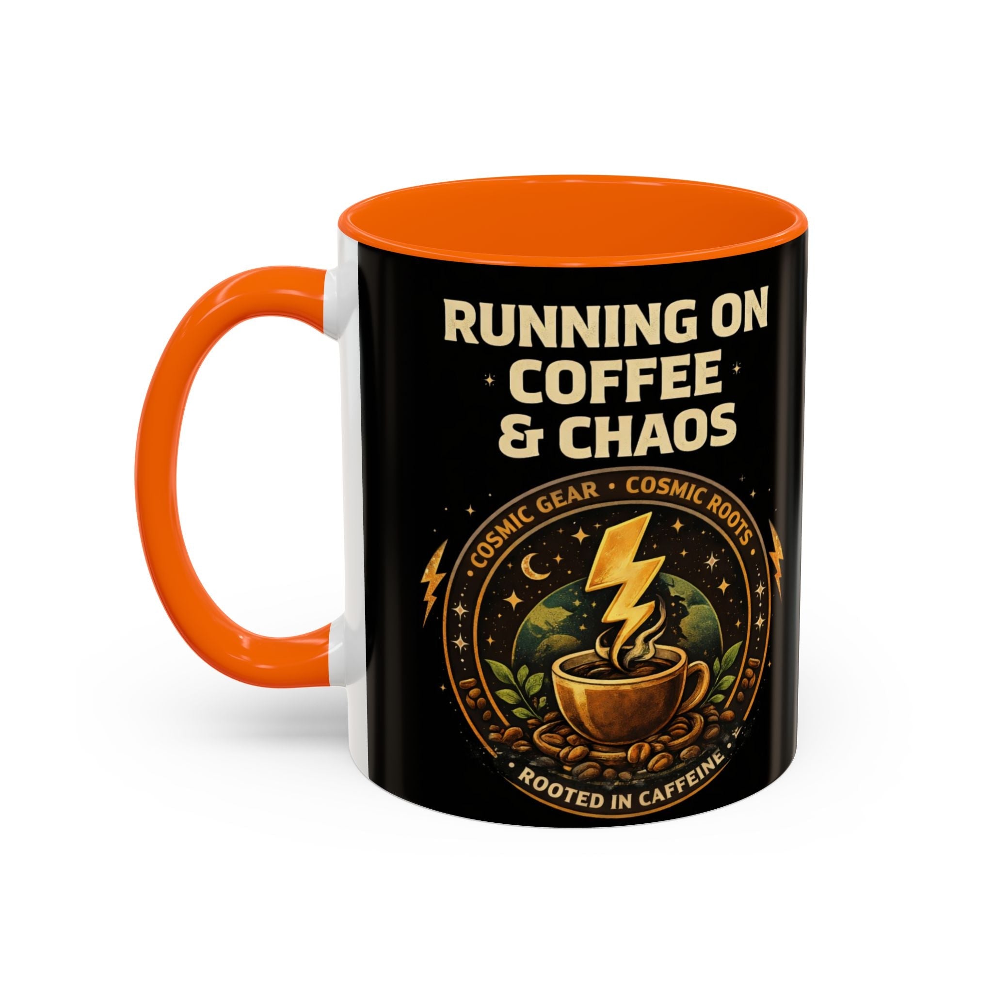 Coffee Mug — "Running on Coffee & Chaos" Black Accent Ceramic Mug (11/15oz) Printify