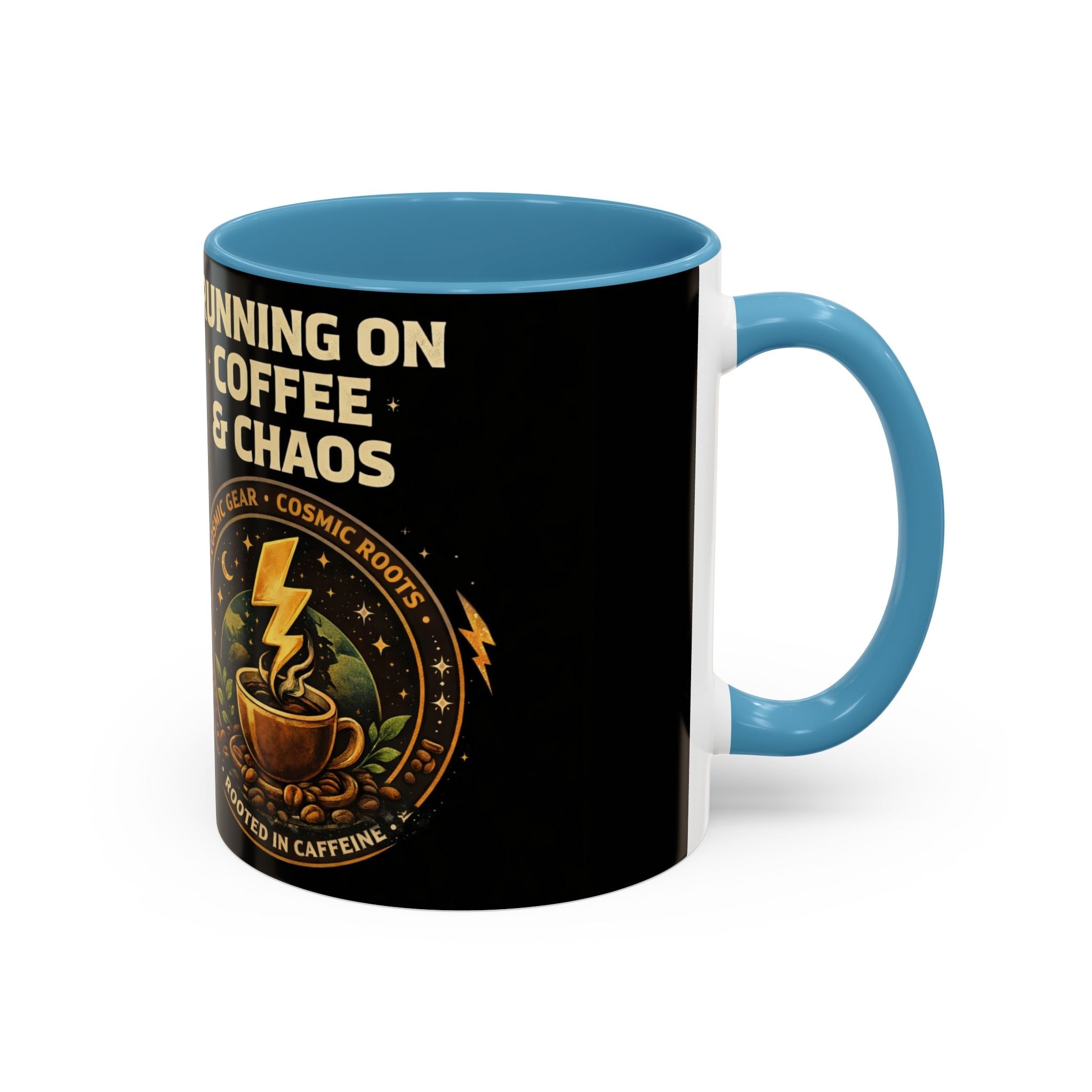 Coffee Mug — "Running on Coffee & Chaos" Black Accent Ceramic Mug (11/15oz) Printify