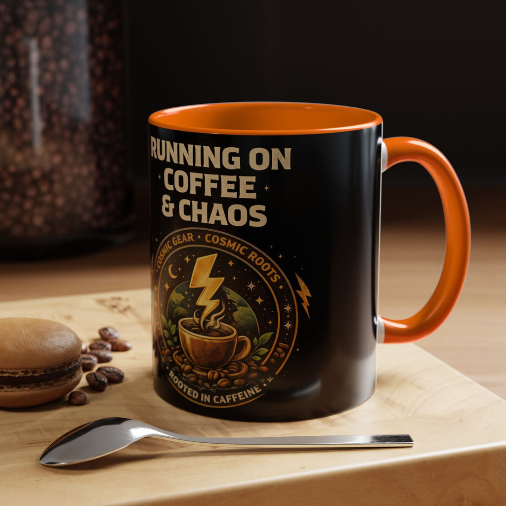 Coffee Mug — "Running on Coffee & Chaos" Black Accent Ceramic Mug (11/15oz) Printify