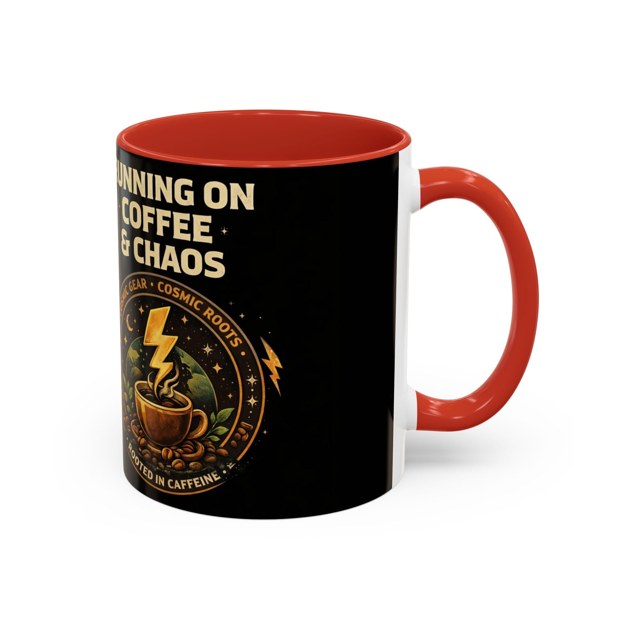 Coffee Mug — "Running on Coffee & Chaos" Black Accent Ceramic Mug (11/15oz) Printify