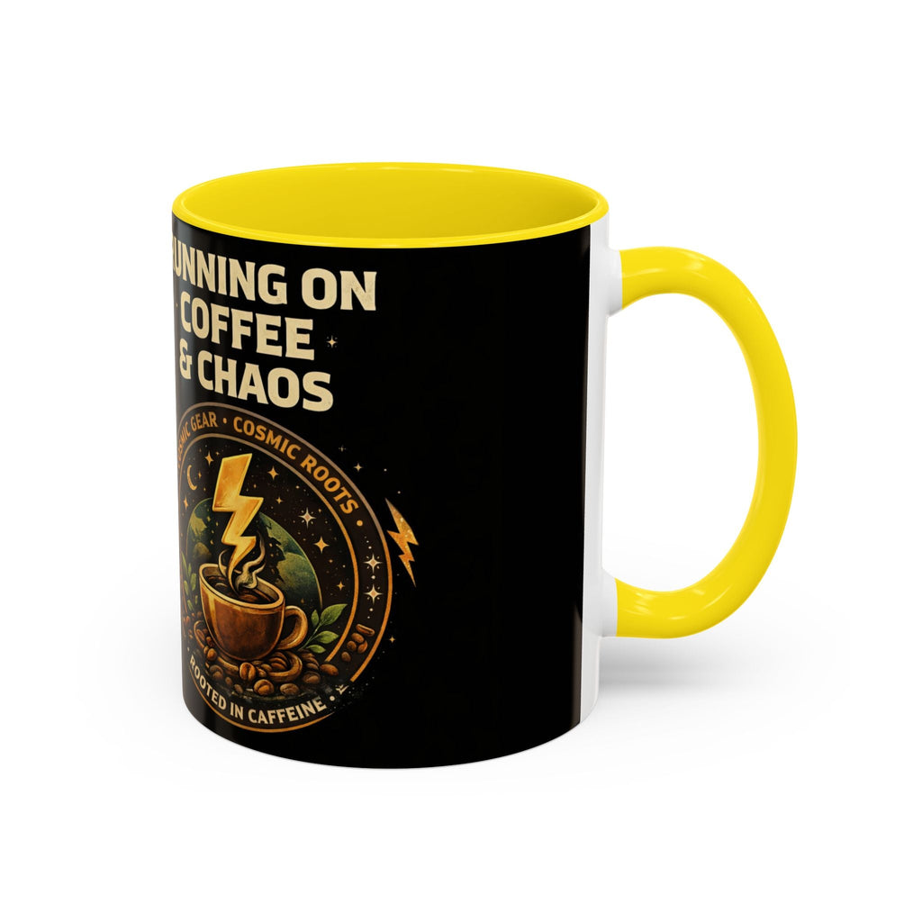 Coffee Mug — "Running on Coffee & Chaos" Black Accent Ceramic Mug (11/15oz) Printify