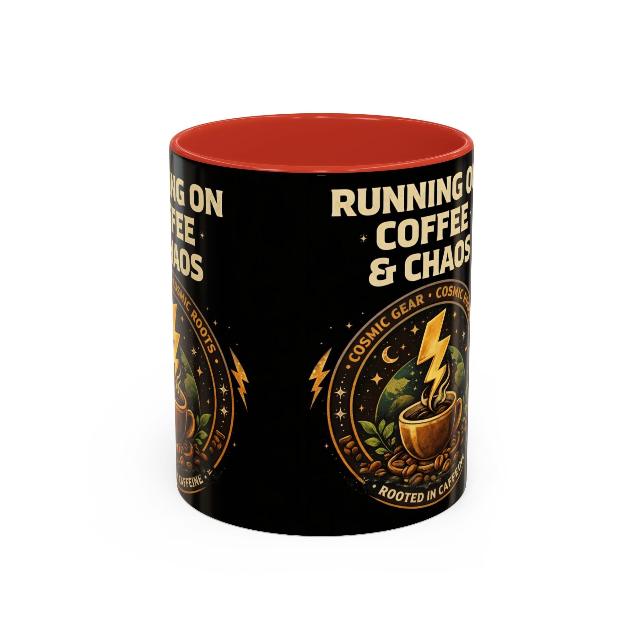 Coffee Mug — "Running on Coffee & Chaos" Black Accent Ceramic Mug (11/15oz) Printify