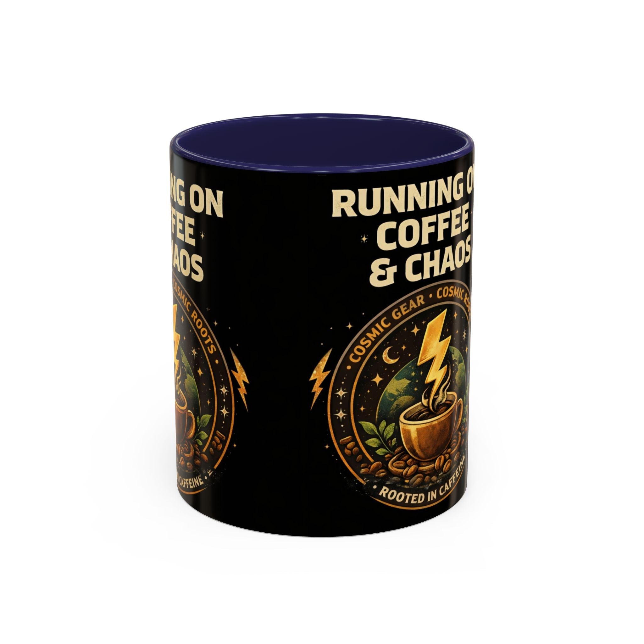 Coffee Mug — "Running on Coffee & Chaos" Black Accent Ceramic Mug (11/15oz) Printify