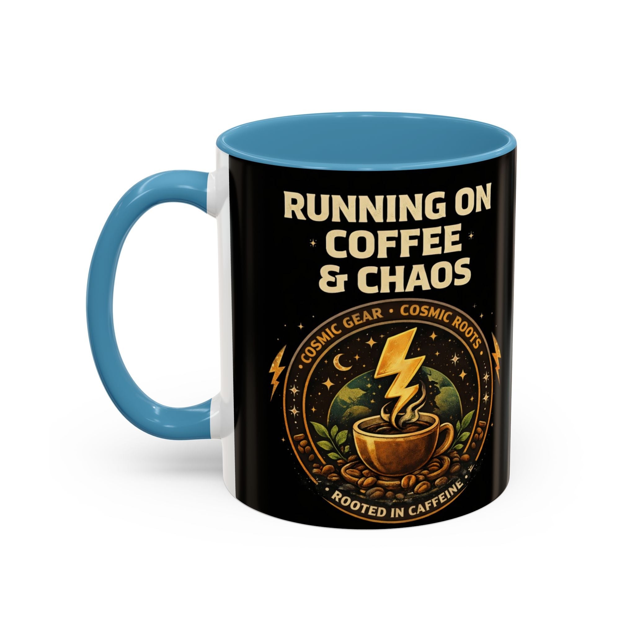 Coffee Mug — "Running on Coffee & Chaos" Black Accent Ceramic Mug (11/15oz) Printify