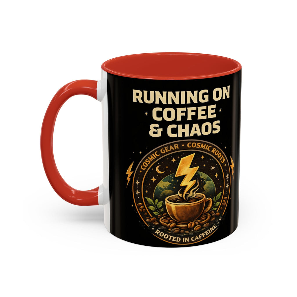 Coffee Mug — "Running on Coffee & Chaos" Black Accent Ceramic Mug (11/15oz) Printify