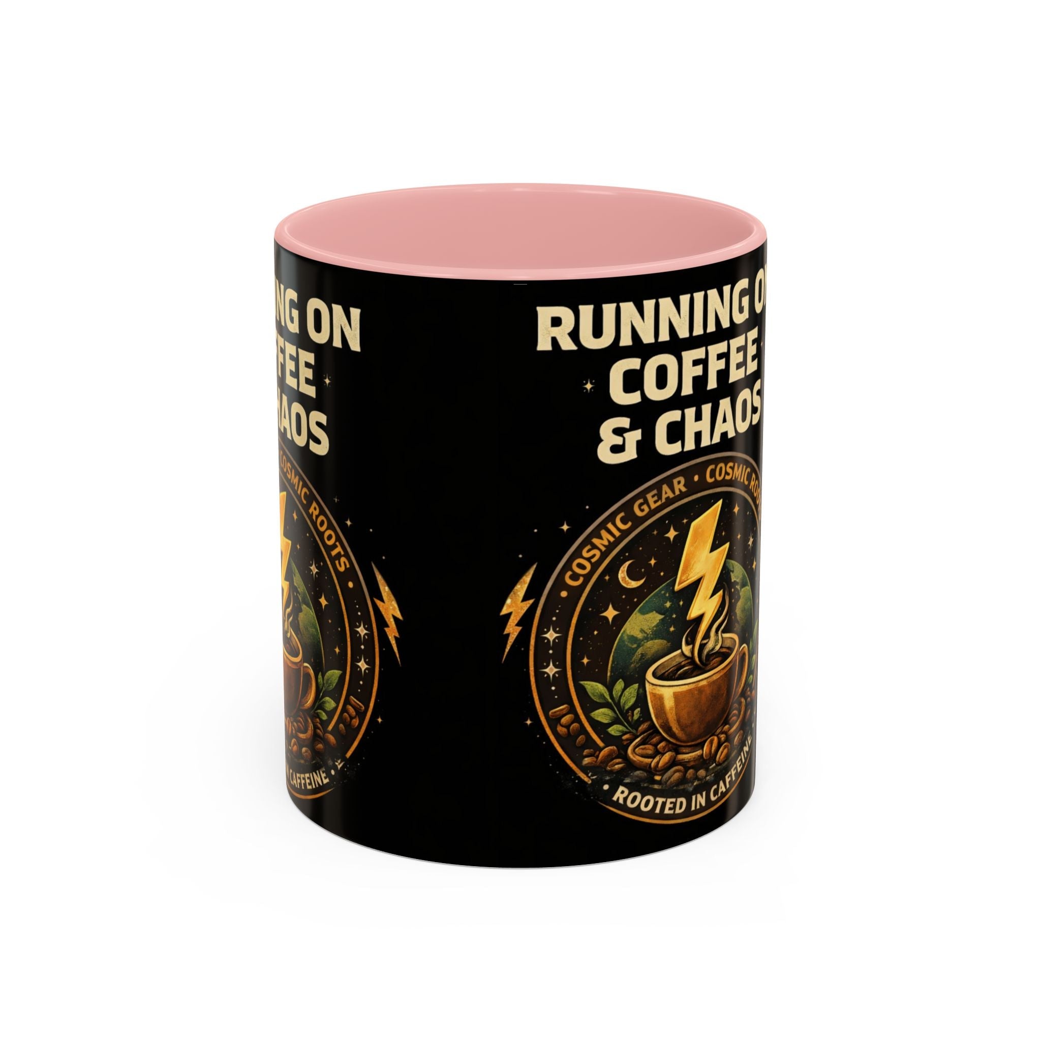 Coffee Mug — "Running on Coffee & Chaos" Black Accent Ceramic Mug (11/15oz) Printify