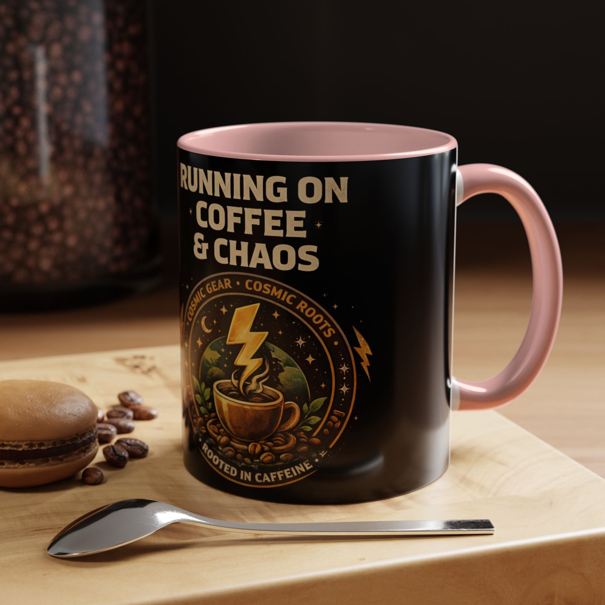 Coffee Mug — "Running on Coffee & Chaos" Black Accent Ceramic Mug (11/15oz) Printify