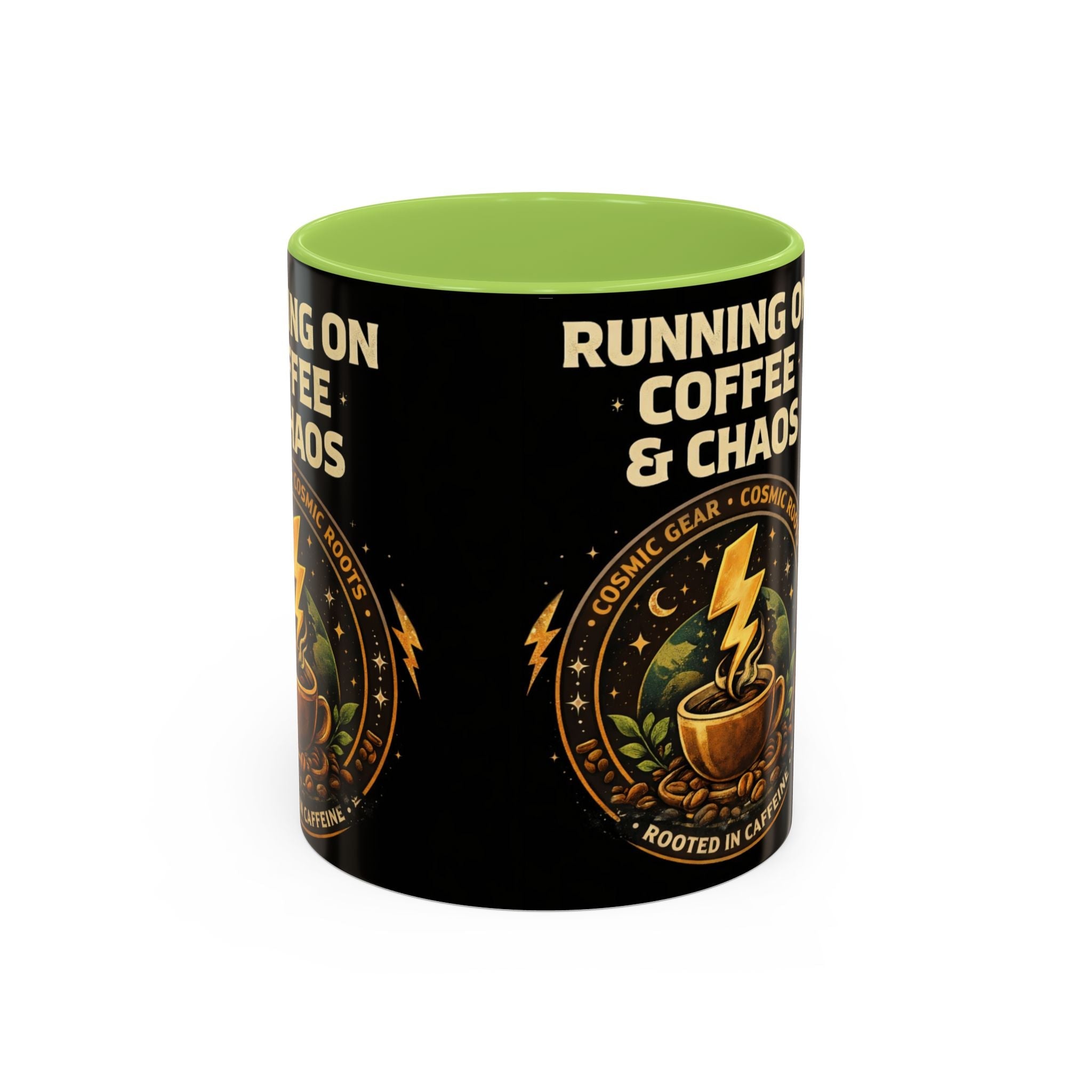 Coffee Mug — "Running on Coffee & Chaos" Black Accent Ceramic Mug (11/15oz) Printify