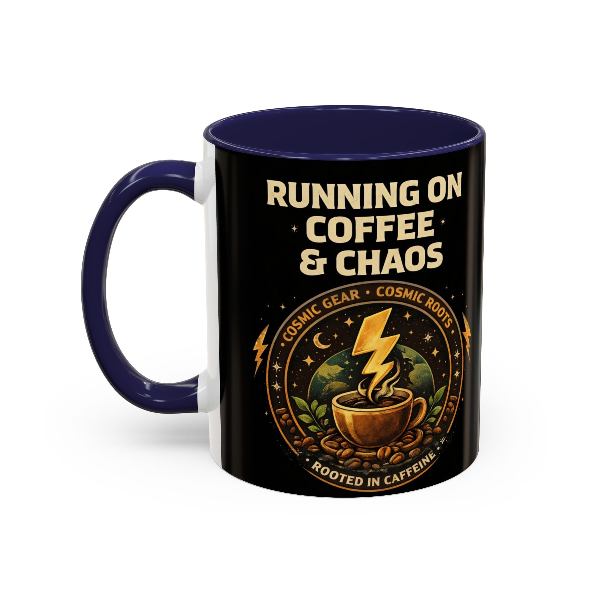 Coffee Mug — "Running on Coffee & Chaos" Black Accent Ceramic Mug (11/15oz) Printify