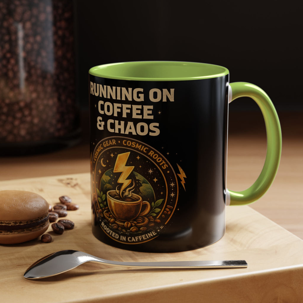 Coffee Mug — "Running on Coffee & Chaos" Black Accent Ceramic Mug (11/15oz) Printify