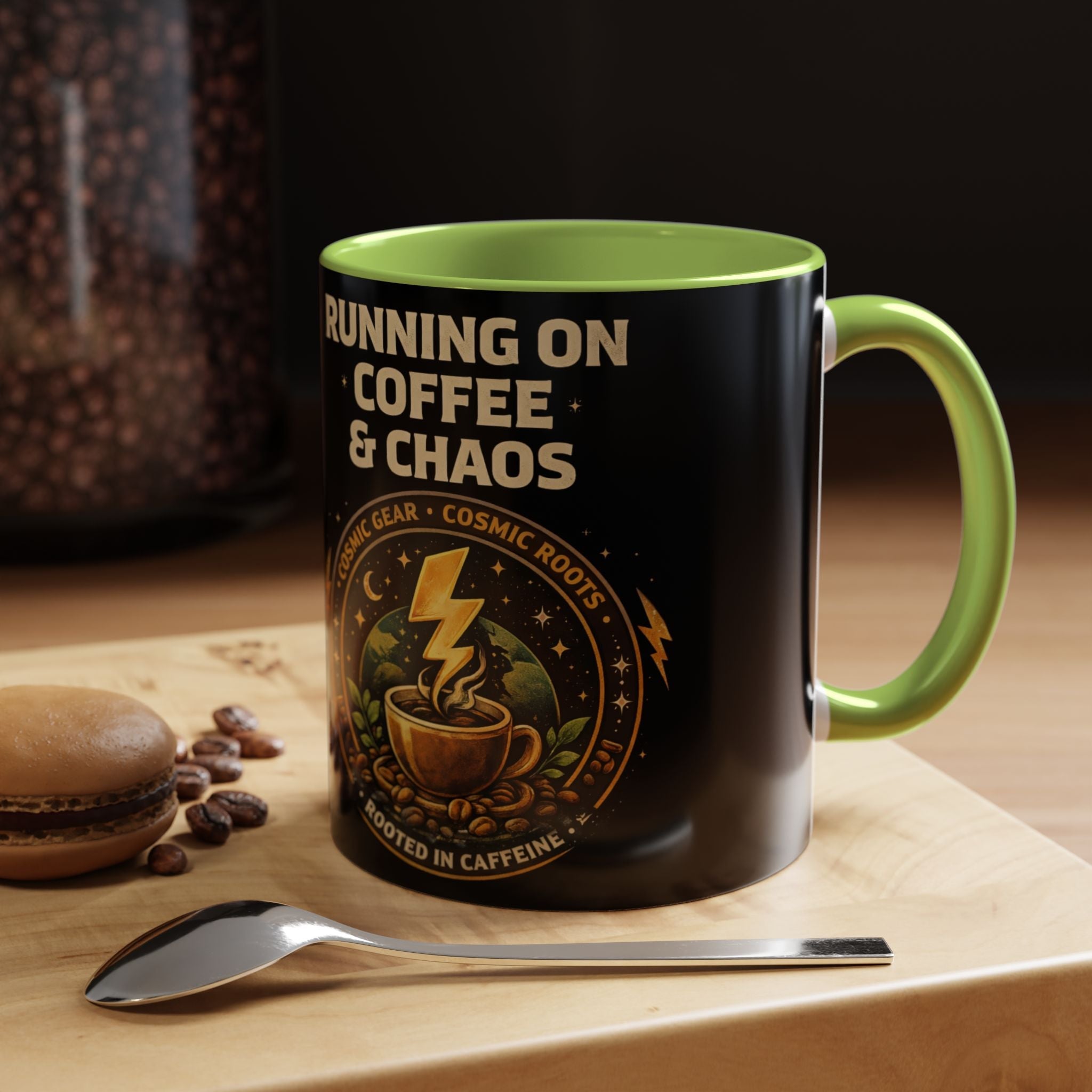 Coffee Mug — "Running on Coffee & Chaos" Black Accent Ceramic Mug (11/15oz) Printify