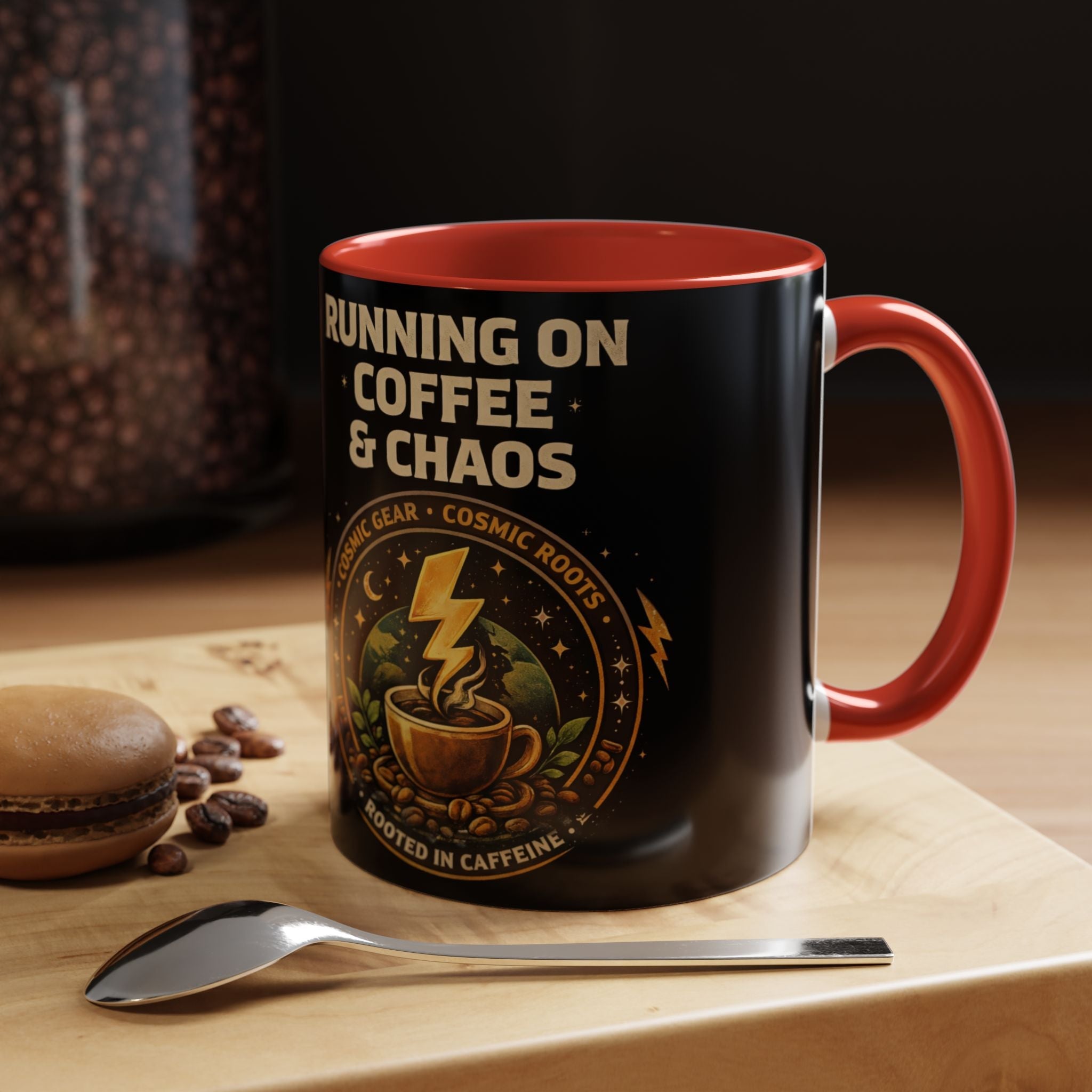 Coffee Mug — "Running on Coffee & Chaos" Black Accent Ceramic Mug (11/15oz) Printify