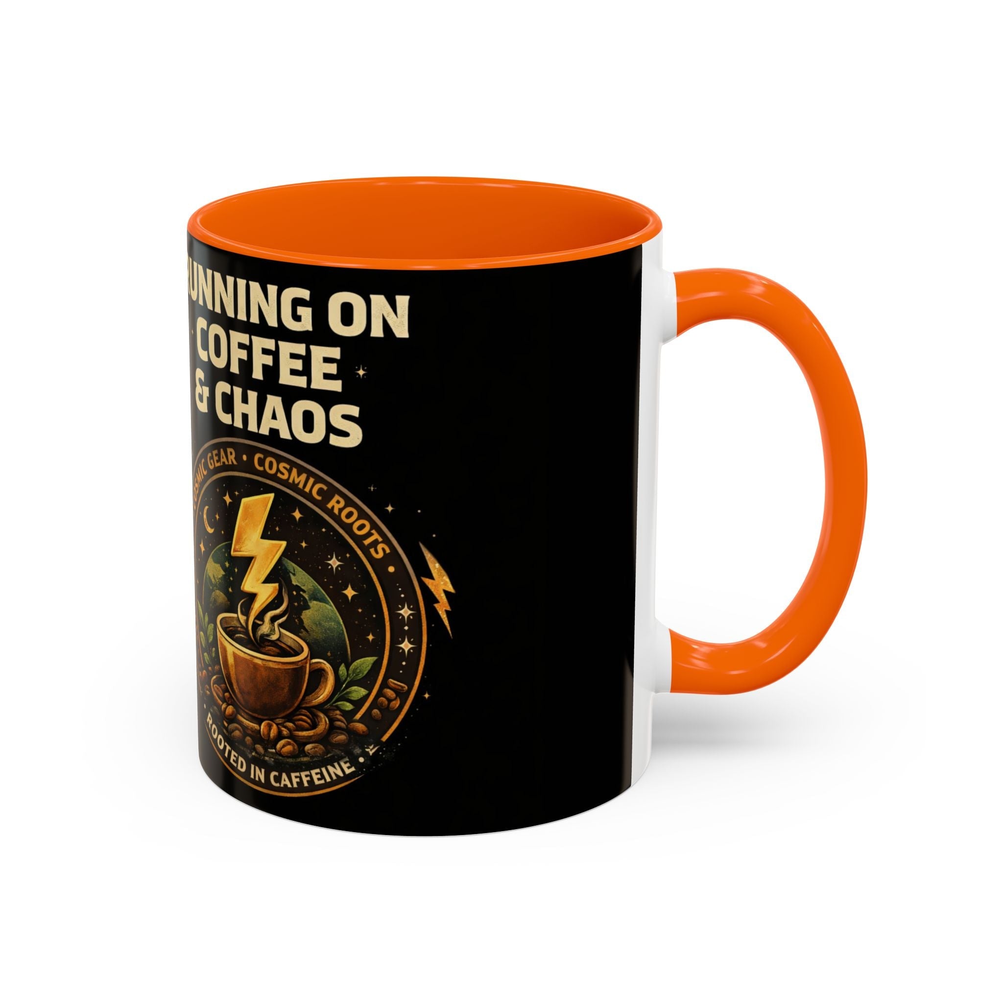 Coffee Mug — "Running on Coffee & Chaos" Black Accent Ceramic Mug (11/15oz) Printify