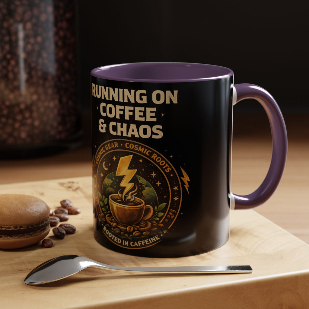 Coffee Mug — "Running on Coffee & Chaos" Black Accent Ceramic Mug (11/15oz) Printify