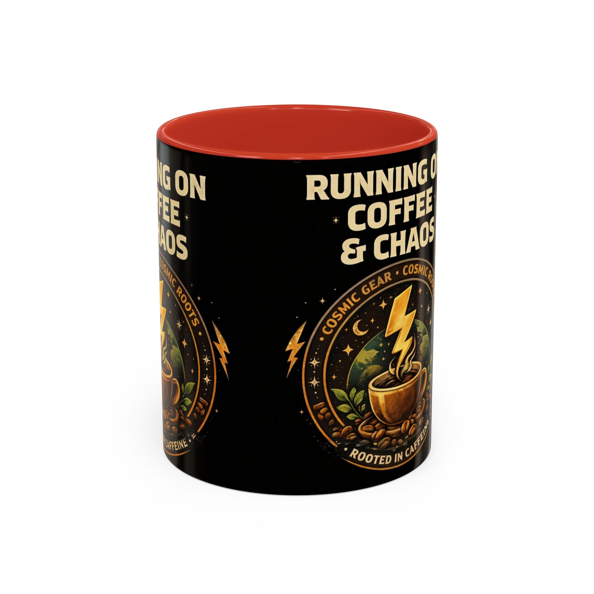 Coffee Mug — "Running on Coffee & Chaos" Black Accent Ceramic Mug (11/15oz) Printify
