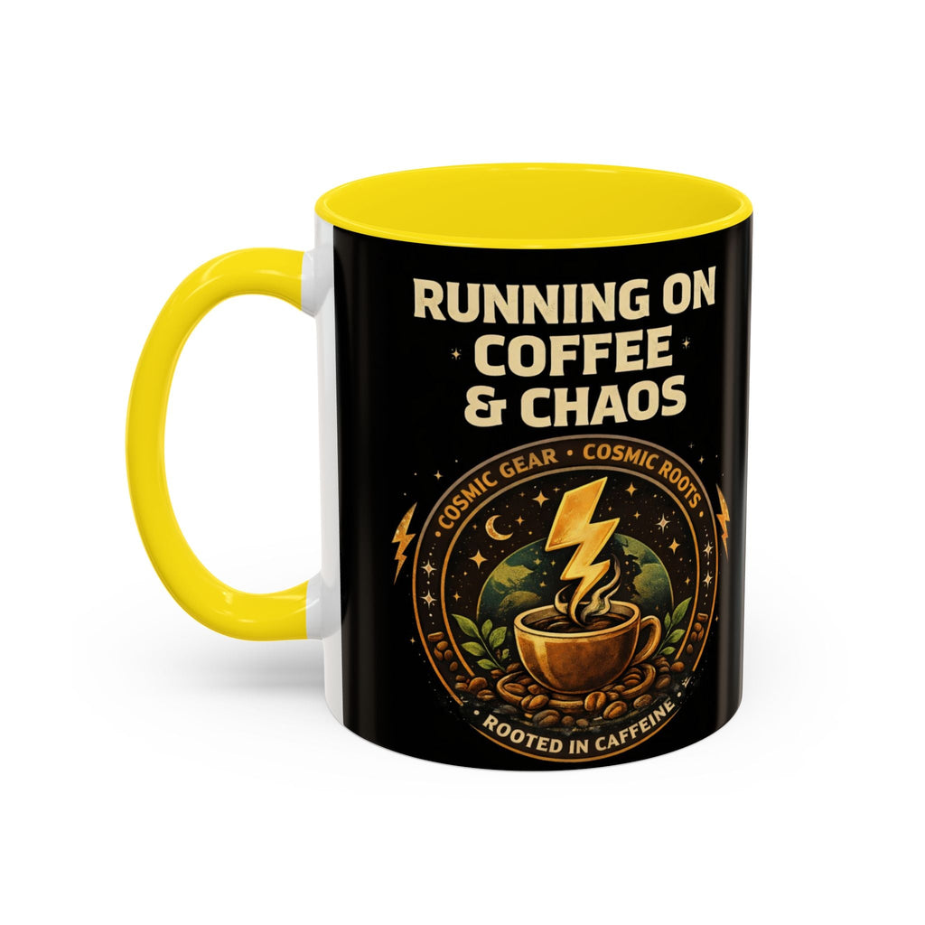 Coffee Mug — "Running on Coffee & Chaos" Black Accent Ceramic Mug (11/15oz) Printify