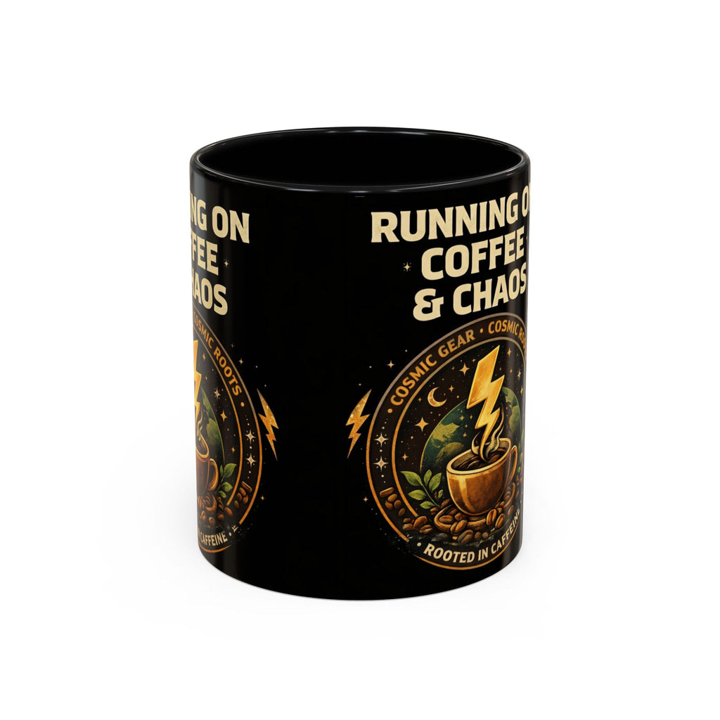 Coffee Mug — "Running on Coffee & Chaos" Black Accent Ceramic Mug (11/15oz) Printify