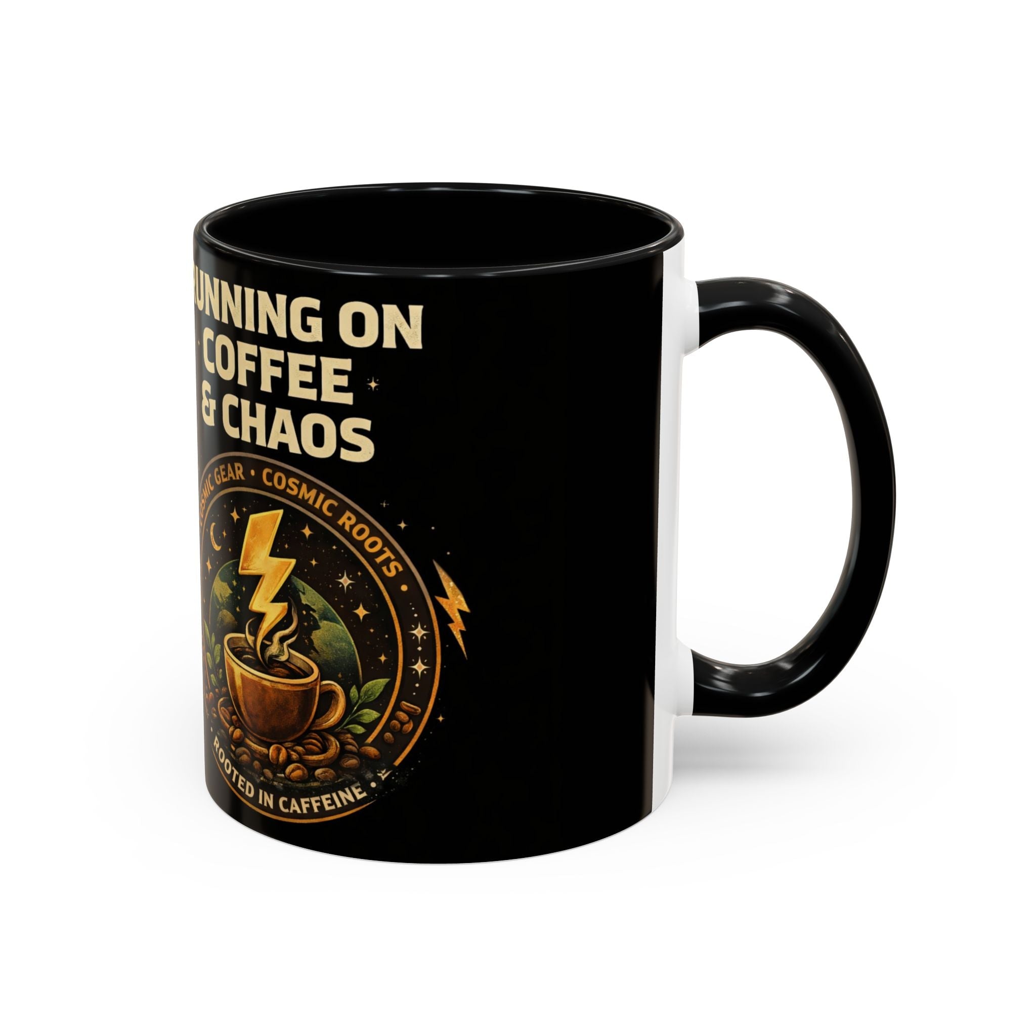 Coffee Mug — "Running on Coffee & Chaos" Black Accent Ceramic Mug (11/15oz) Printify