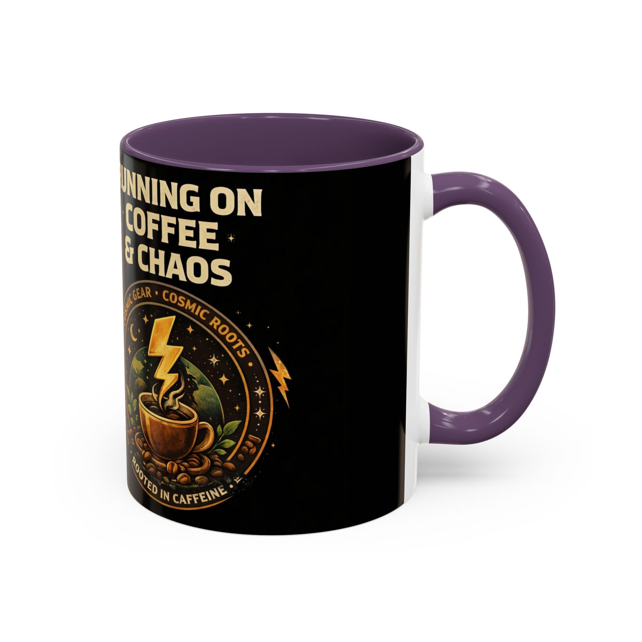 Coffee Mug — "Running on Coffee & Chaos" Black Accent Ceramic Mug (11/15oz) Printify