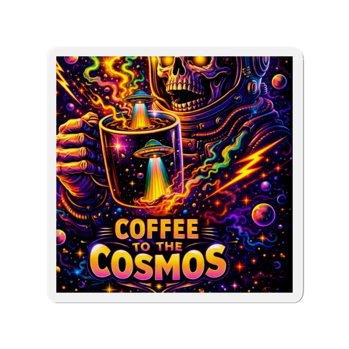 Coffee to the Cosmos Magnet — Psychedelic Skull Astronaut Die-Cut Magnet Printify