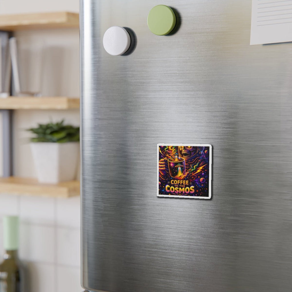 Coffee to the Cosmos Magnet — Psychedelic Skull Astronaut Die-Cut Magnet Printify