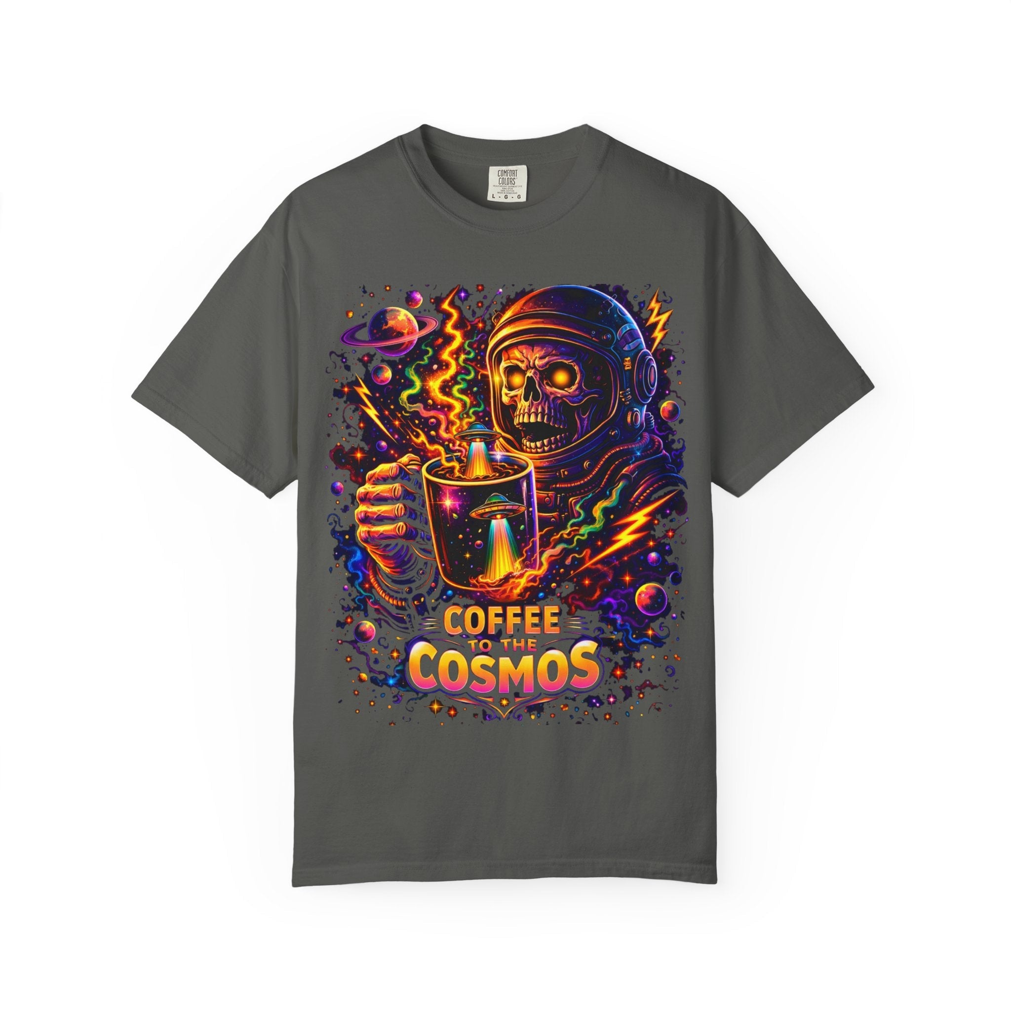 Coffee of the Cosmos T-Shirt — Neon Astronaut Skull Coffee Tee Printify