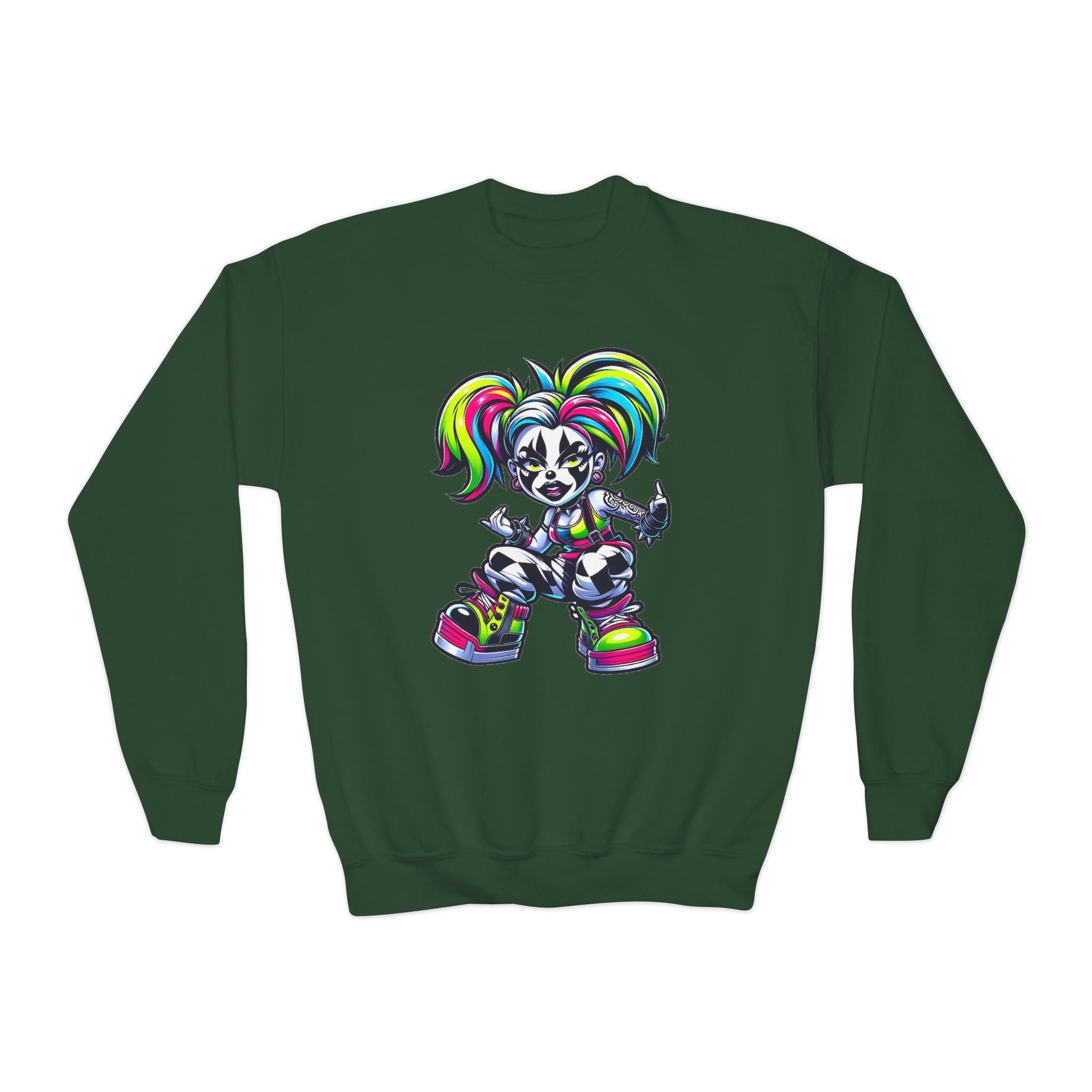 Colorful Graphic Youth Crewneck Sweatshirt, Fun Sweatshirt for Kids, Perfect Gift for Birthdays, Halloween, or Everyday Wear Printify