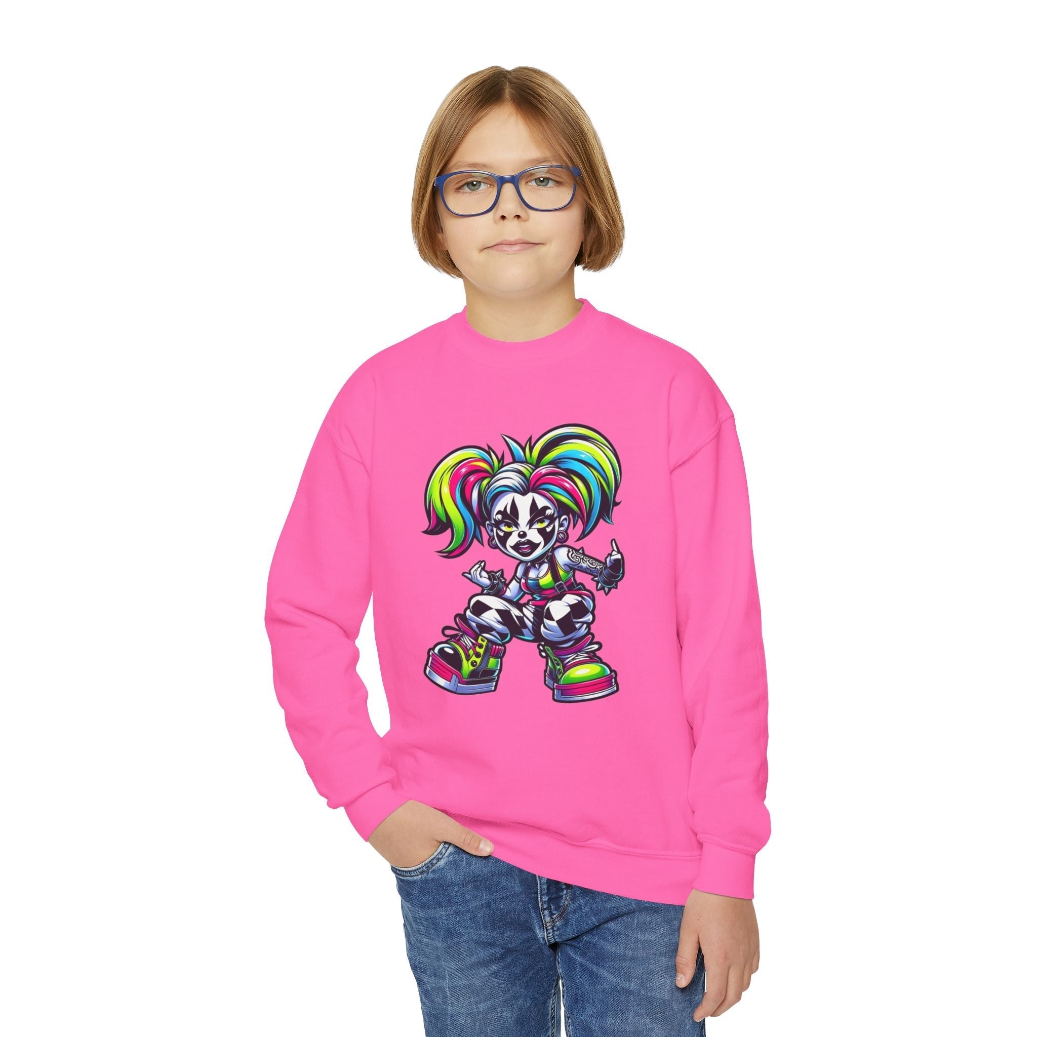 Colorful Graphic Youth Crewneck Sweatshirt, Fun Sweatshirt for Kids, Perfect Gift for Birthdays, Halloween, or Everyday Wear Printify