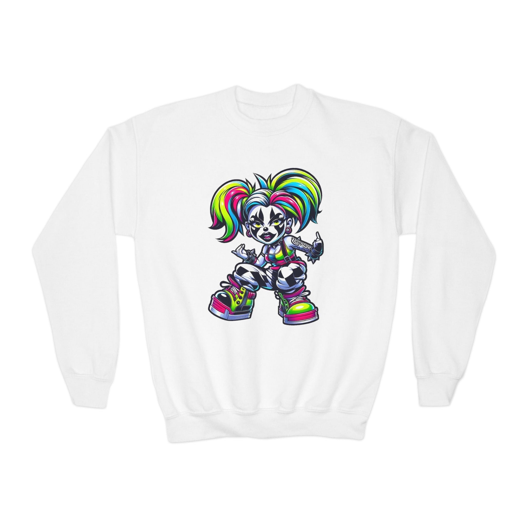 Colorful Graphic Youth Crewneck Sweatshirt, Fun Sweatshirt for Kids, Perfect Gift for Birthdays, Halloween, or Everyday Wear Printify