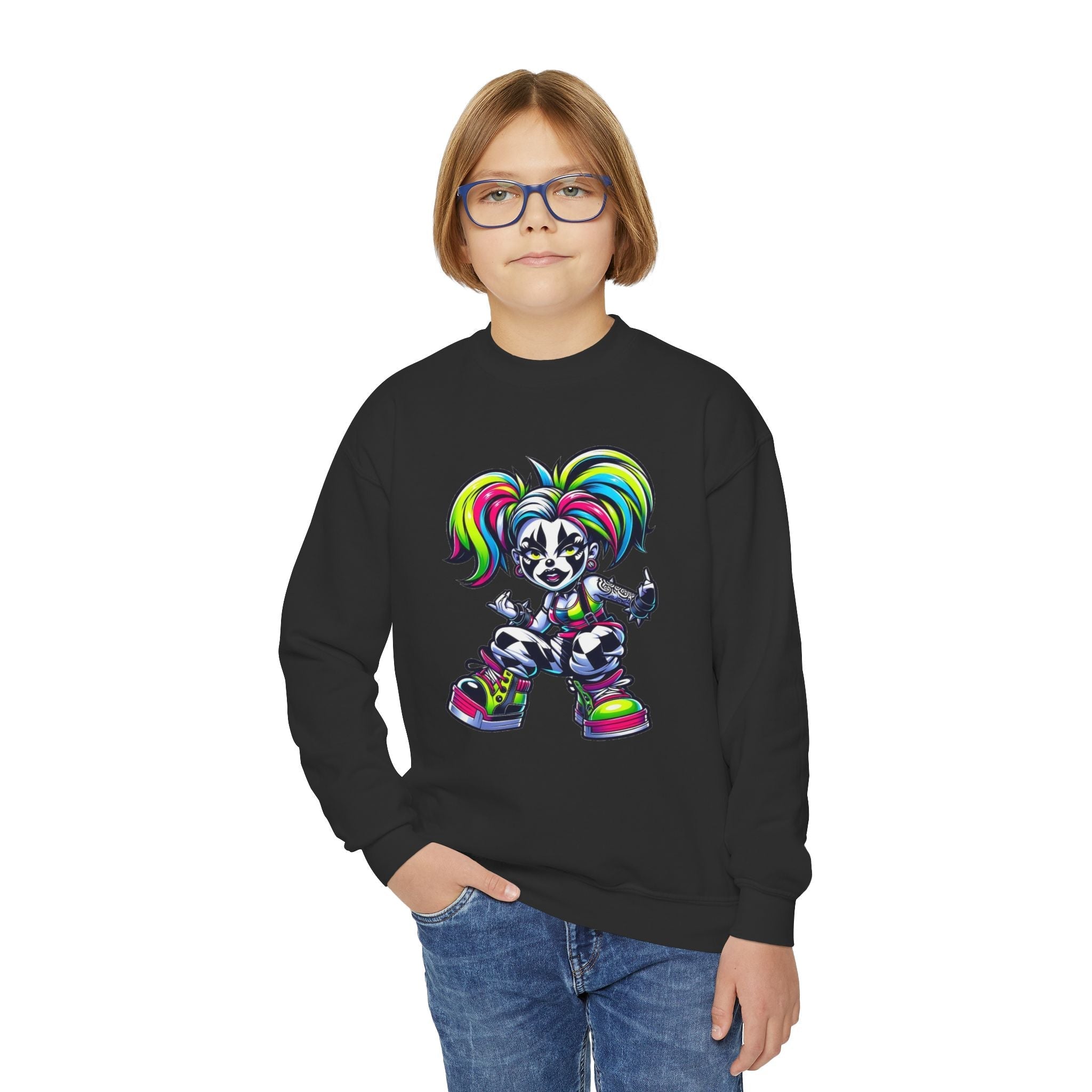 Colorful Graphic Youth Crewneck Sweatshirt, Fun Sweatshirt for Kids, Perfect Gift for Birthdays, Halloween, or Everyday Wear Printify